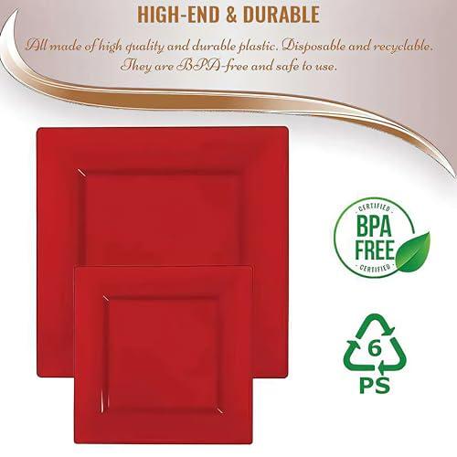 Kaya Kaya Elegant Red Square Dinner Plates - 9.5\" (Pack of 10) - Perfect for Weddings, Birthday Parties, Festivals & More