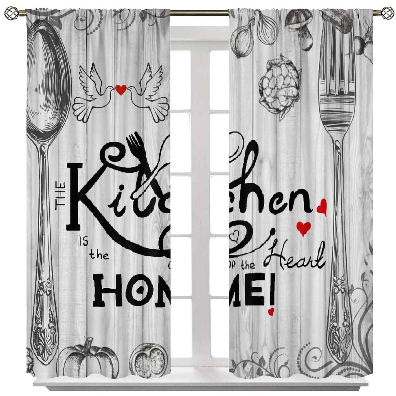 JanJCurt Chef Kitchen Curtains, Retro Cartoon Fat Chef Black Check Plaid Buffalo Rod Pocket Blackout Window Treatments for Cafe Bedroom Kitchen 52x84in