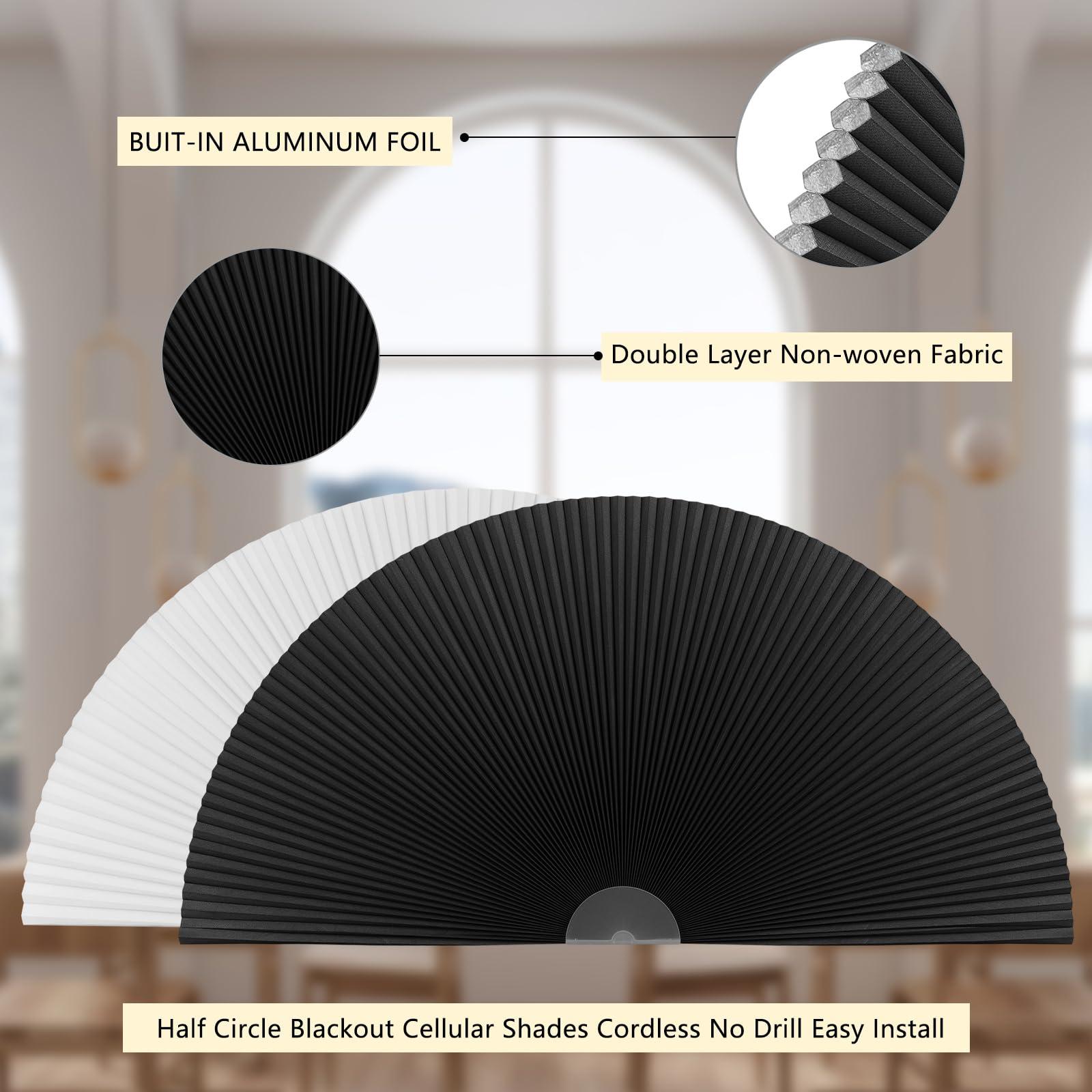 ChYoung Arch Window Shade Blackout, Stick on Cellular Shades Cordless No Drill Honeycomb Blinds, Thermal Insulated UV Protection Fabric Half Circle Window Coverings Room Darkening Shades (Black, 48"W x 24"H)