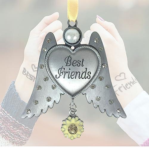 BANBERRY DESIGNS Best Friends Ornament - Pewter Finish Angel Wings with Heart Ornament - Jeweled Wings with a Yellow Sunflower Charm