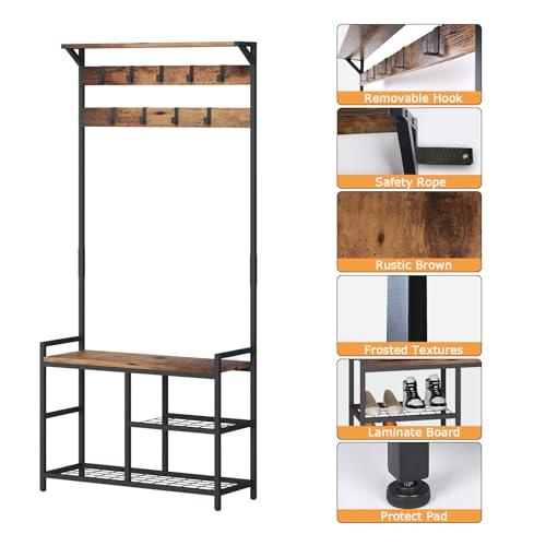 HOMEKOKO HOMEKOKO Coat Rack Shoe Bench, Hall Tree Entryway Storage Bench, Wood Look Accent Furniture with Metal Frame, 3-in-1 Design (Rustic Brown)
