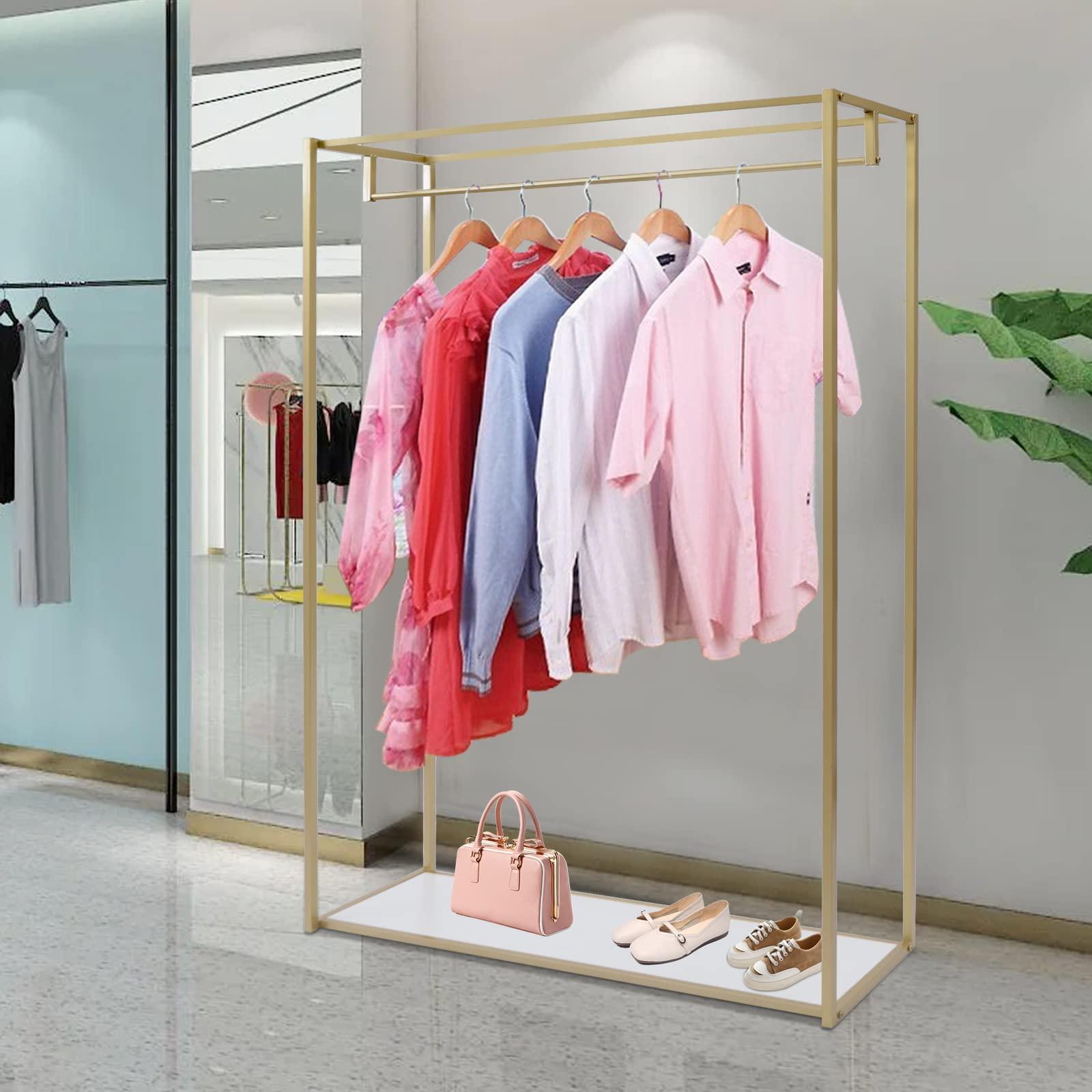 OSKOE 75"Retail Gold Clothing Racks with Shelves,Boutiques Garment Rack Wedding Dress Display Rack Metal Clothes Rack Heavy Duty Commercial Floor Standing Closet Hanging Rod Shoes Bag Clothes Organizer ( Co