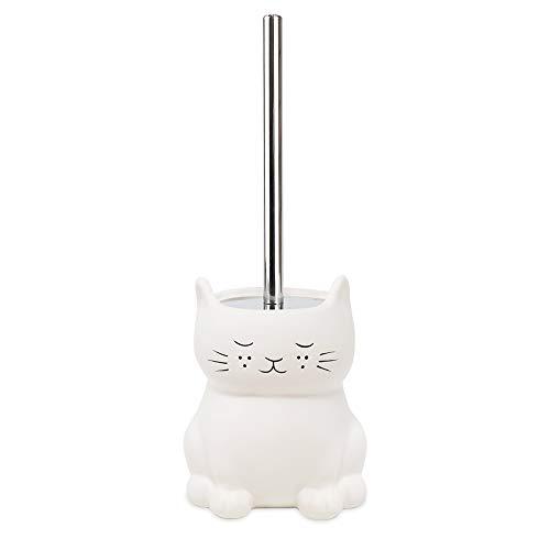 Isaac Jacobs International Isaac Jacobs White Ceramic Cat Toilet Bowl Brush Holder with Chrome Metal Handle (Unassembled) - Bathroom Accessory & Cleaning Storage (Cat)
