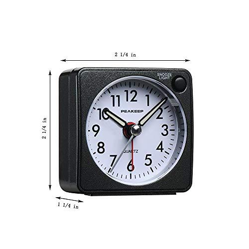 Peakeep Peakeep Ultra Small, Battery Travel Alarm Clock with Snooze and Light, Silent with No Ticking Analog Quartz (Black)