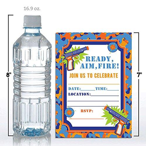 Amanda Creation Dart Gun Birthday Party Invitations, 20 5\"x7\" Fill In Cards with Twenty White Envelopes by AmandaCreation