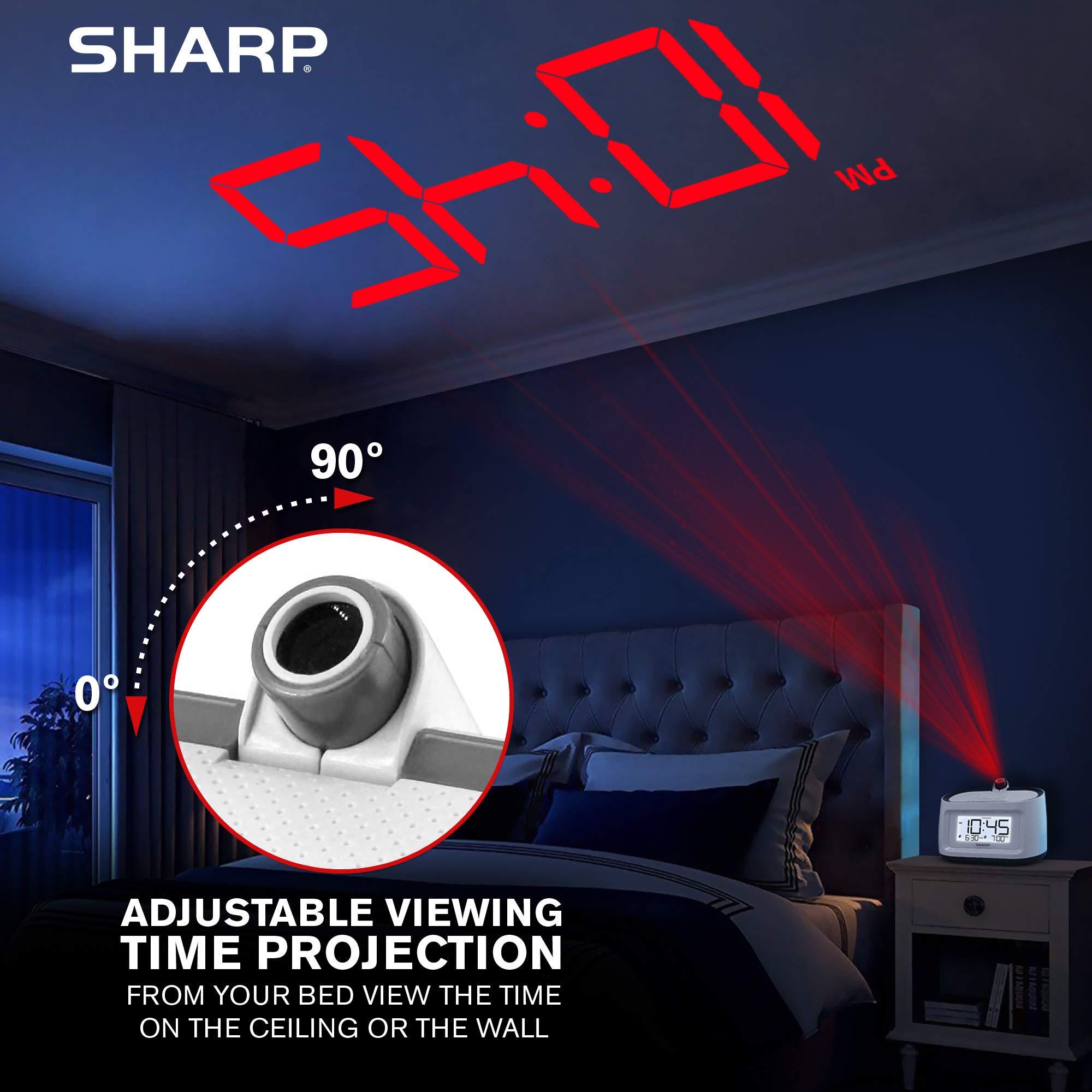 Sharp Sharp Projection Alarm Clock with Soothing Nature Sleep Sounds Easy to Read Projection on Wall or Ceiling 8 Sleep Sounds to Help Fall Asleep Faster, White Case with Gunmetal Trim