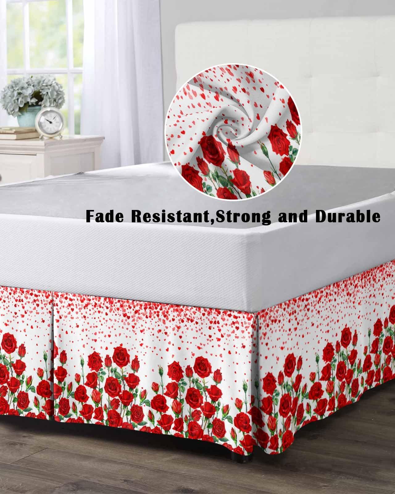 Falaniique Red Rose California King Bed Skirt Pleated Bedding Skirt with Spilt Corners 18\" Tailored Drop Dust Ruffle Easy Fit Breathable Premium Valentine\'s Day Red Flower Spring Plant