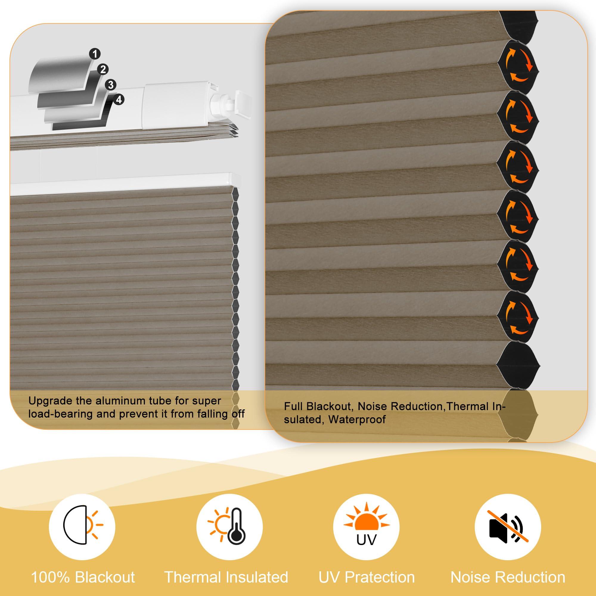 Doing-X Doing-X Cordless Cellular Shades Blackout Top Down Bottom Up No Tool No Drill Honeycomb Cellular Window Blinds Room Darkening French Door Blinds for Kitchen Living Room Office,Brown,29.5" W x 64" H