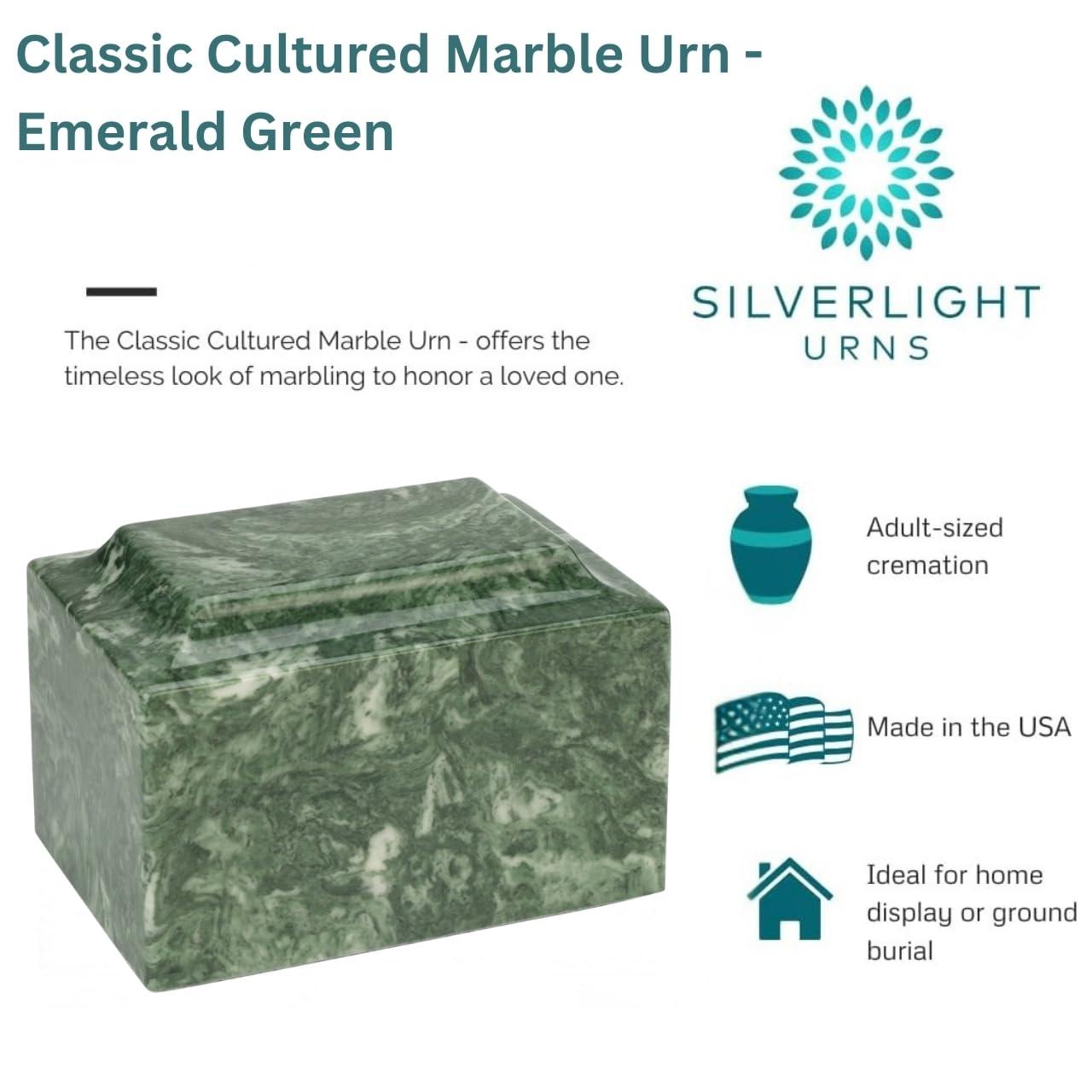 Silverlight Urns Emerald Classic Cultured Marble Cremation Urn for Ashes, Green, Adult Sized Urn for Human Ashes, Ground Burial, Home Memorial and Funeral Cremation Urn
