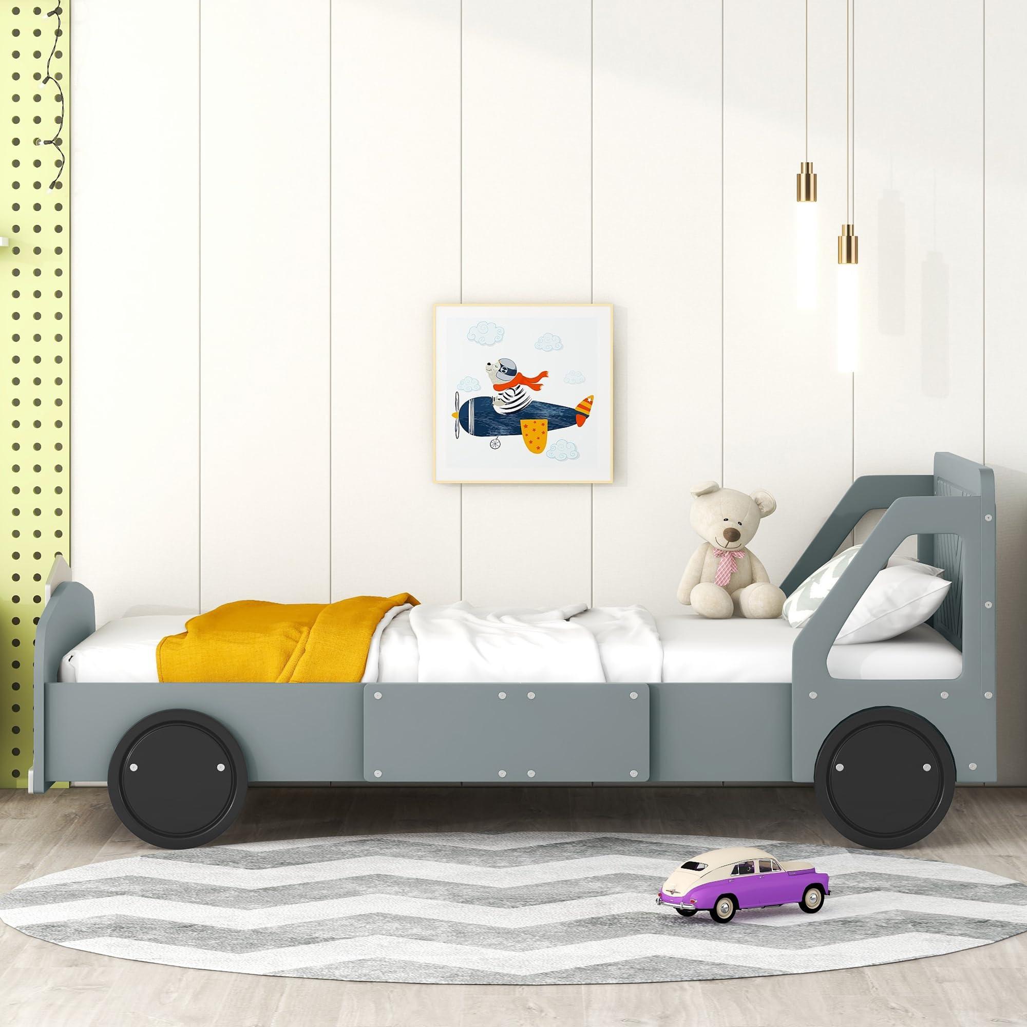 SOFTSEA SOFTSEA Twin Size Car Bed Frame, Car Shaped Bed for Boys Girls, Wooded Car Platform Bed Frame with Wheels and Guardrails, Floor Car Shaped Bed for Kids, No Box Spring Needed, Gray