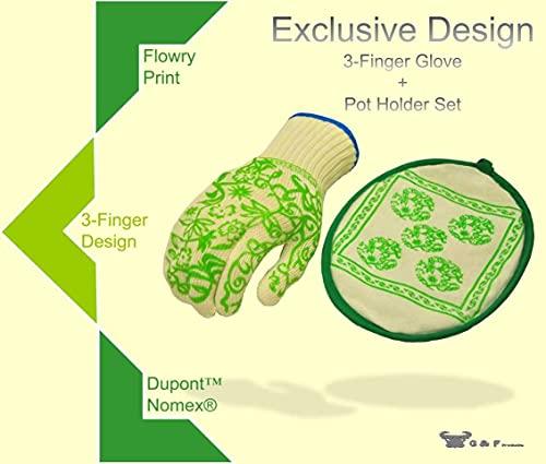 G & F Products G & F 1688 Dupont Nomex & Kevlar Heat Resistant Oven Gloves, 3-Finger Oven Gloves & Pot Holder Set