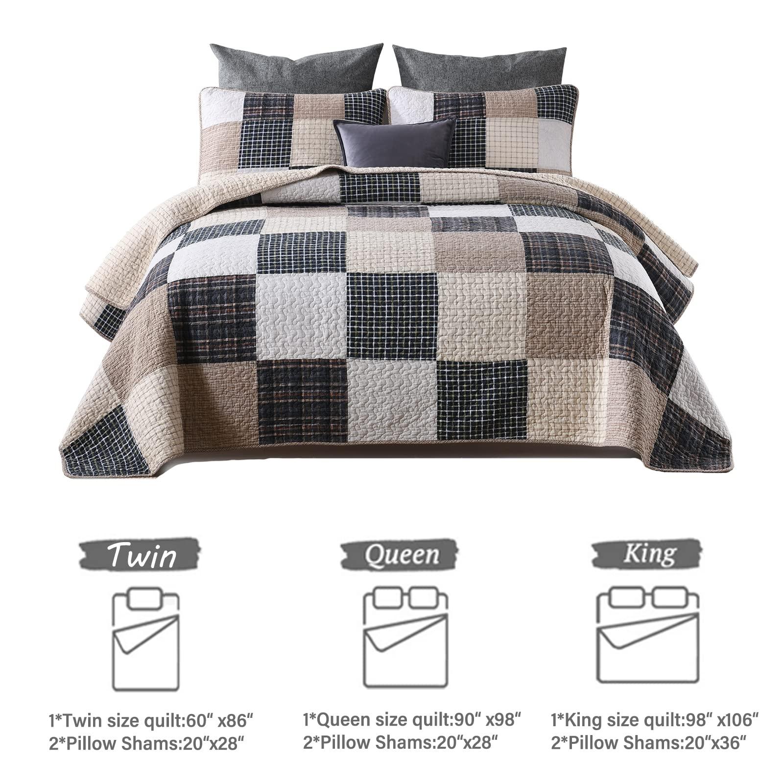 Y-PLWOMEN Y-PLWOMEN Quilts Queen Size, 100% Cotton Queen Quilt Set, Brown Khaki Black White Patchwork Plaid Queen Size Bedspread, Lightweight Reversible Soft Summer Quilt Bedding Set, 3-Pieces