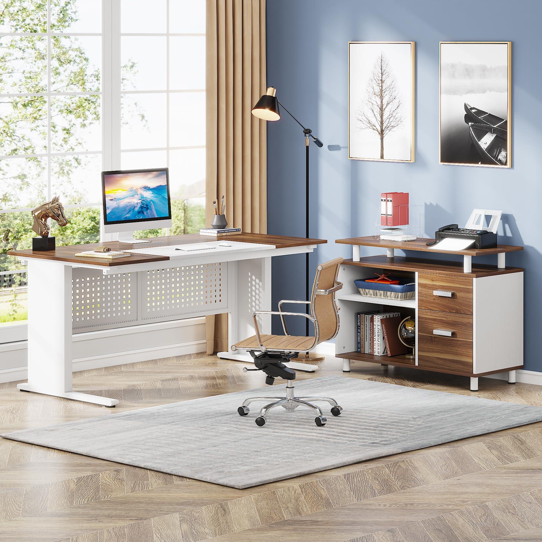 Tribesigns Tribesigns 63 Inch Executive Desk with File Cabinet, Large Office Desk L Shaped Computer Desk with Drawers and Storage Shelves, Business Furniture Desk Workstation for Home Office, White and Walnut