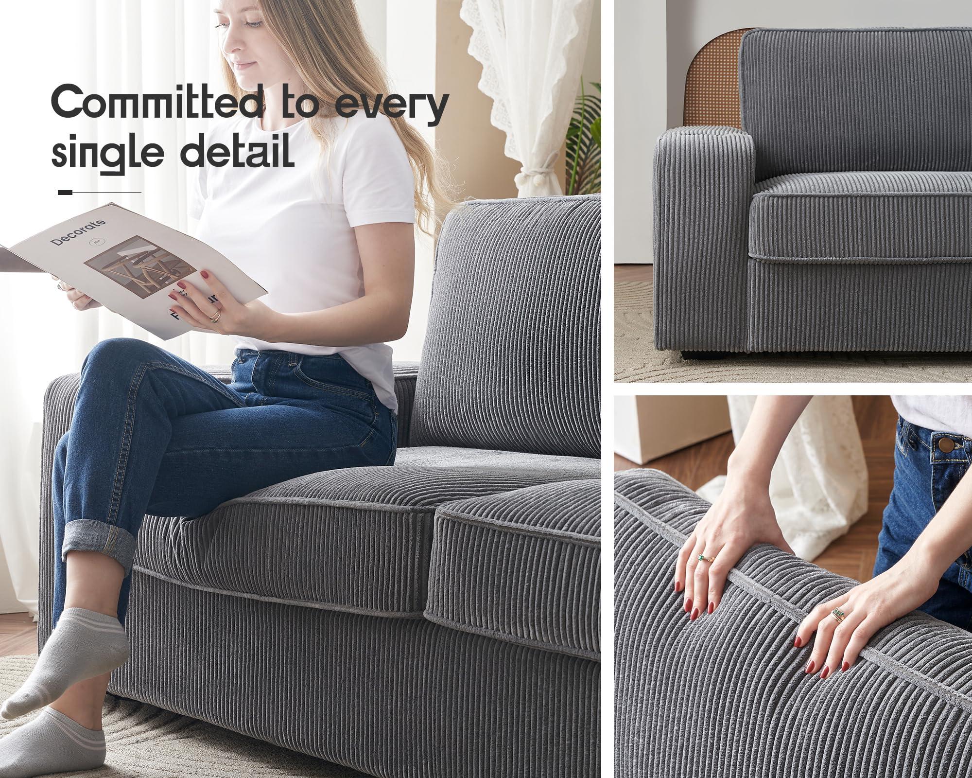 VanAcc VanAcc Sofa, Comfy Couch, Modern Couch with Cup Holders & USB Charging Ports, Sofa Chair for Living Room, Ash Grey Corduroy