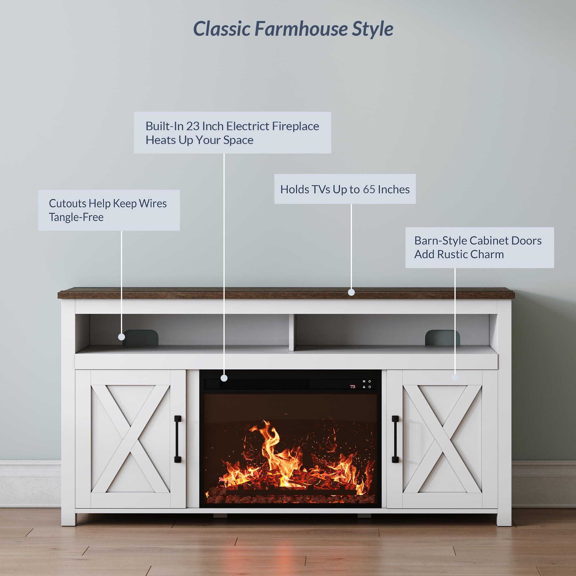 BELLEZE BELLEZE 58" Farmhouse Fireplace TV Stand for TVs up to 65", 23" Electric Fireplace Heater with Sound, Entertainment Center Media Console Table Barn Door Storage Cabinets for Living Room - White