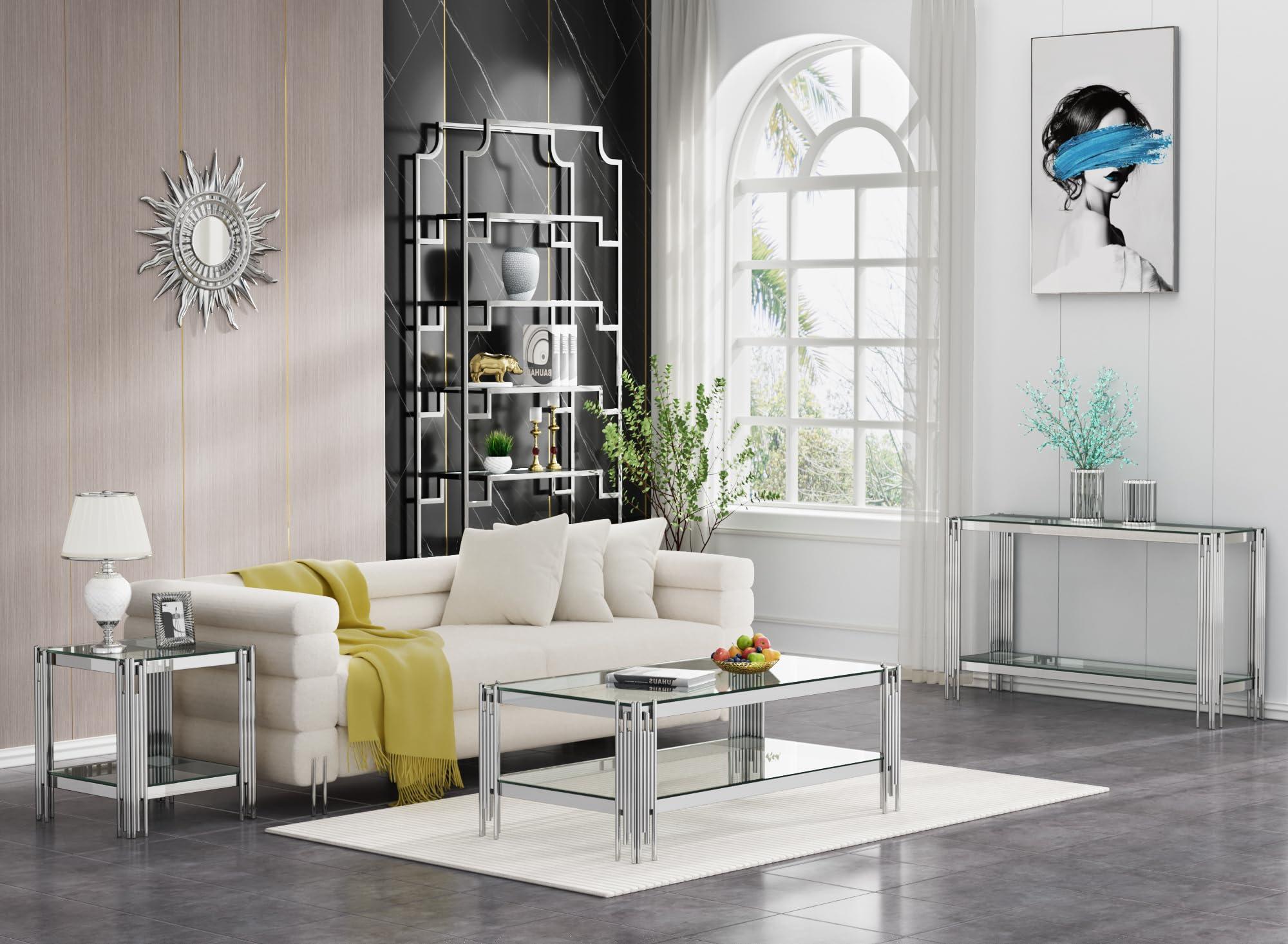 Henf 47.24" Glass Coffee Table, Luxury 2-Tier Center Coffee Table with Silver Stainless Steel Frame, Modern Rectangle Center Table Accent Cocktail Table with Low Storage Shelf for Living Room