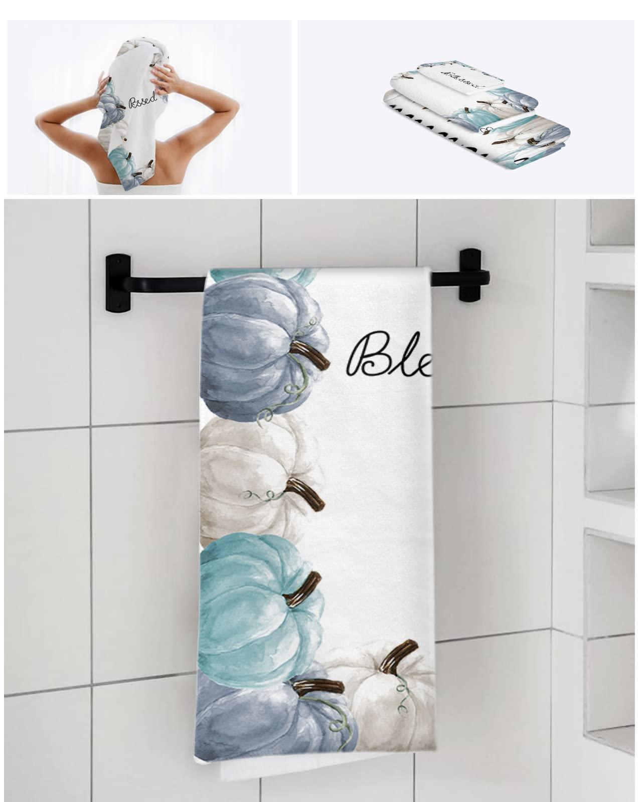 ZOE GARDEN Fall Pumpkins Bathroom Towel Set,Microfiber Bath Kitchen Beach Hand Dish Towels Set,Quick Dry Luxury Soft Decorative Towels+Set Clearance Bulk Decor(3-PC) Teal Blue White Autumn Thanksgiving Day