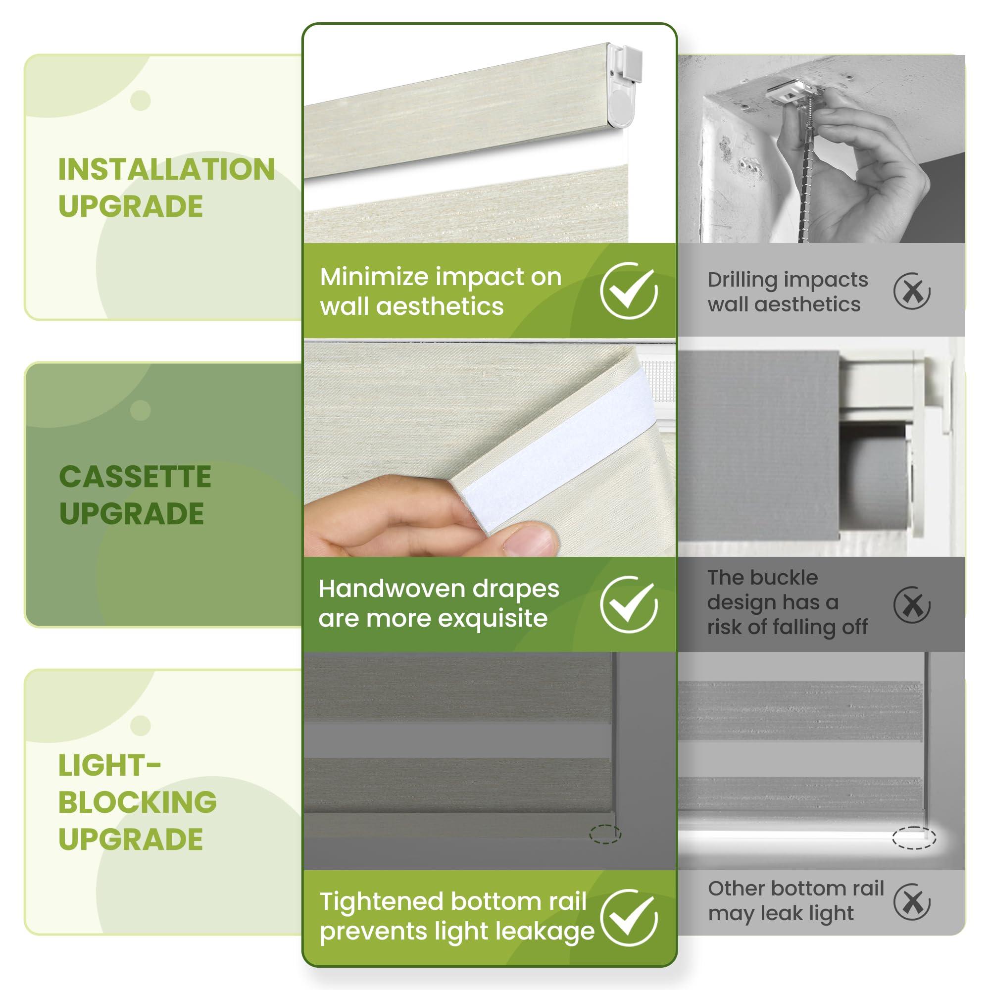 MoDanCeQ MoDanCeQ No Drill No Tools Cordless Dual Layer Zebra Blinds for Windows, Blackout Zebra Shade for Indoor Windows,Easy to Install Thermal Insulated Blinds, Brown, 26" W x 64" H