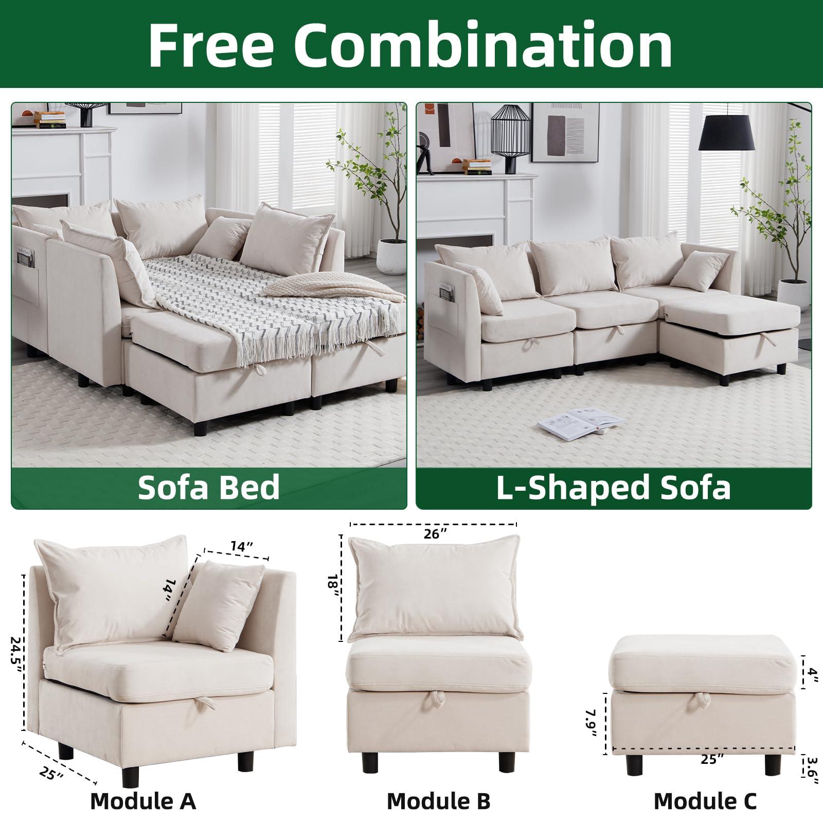 ESTRUCO Modular Sectional Sofa Convertible L U Shaped Sofa Couch with Storage, Comfy Cloud Sleeper Sectional Sofa Bed Set with Removable Back Cushions, Modern DIY Combination Couches for Living Room(Beige)