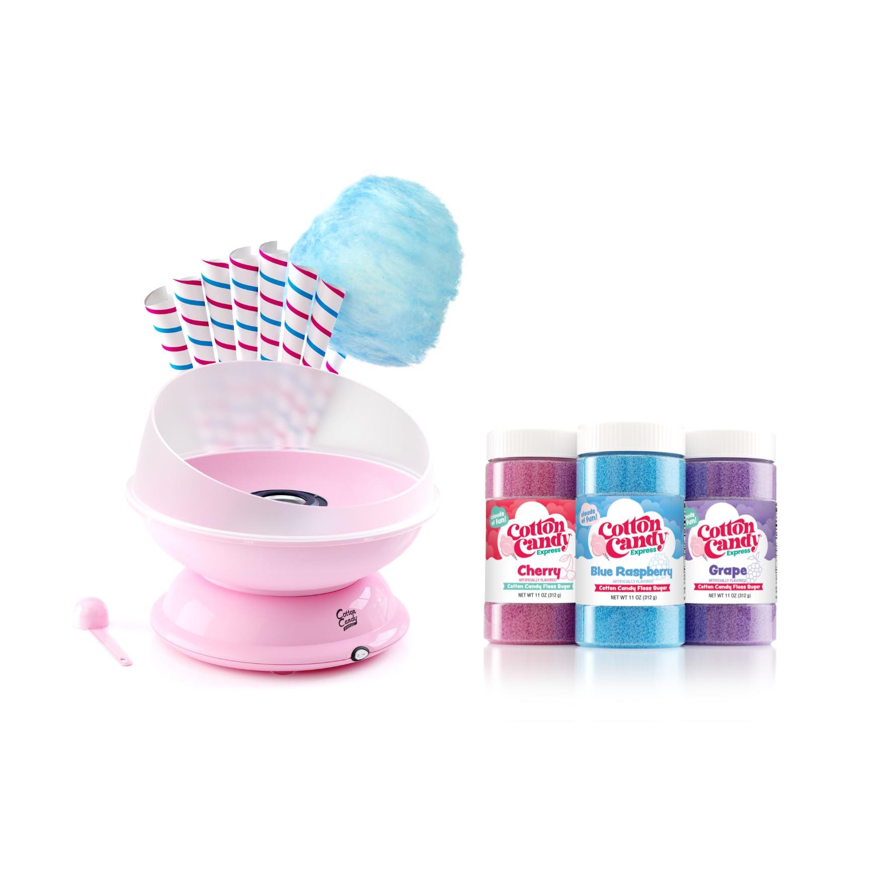 Cotton Candy Express Cotton Candy Express 3 Flavor Fun Pack and Pink Cotton Candy Maker Bundle Featuring 50 cones and Floss Sugar Flavors - Cherry, Grape, and Blue Raspberry