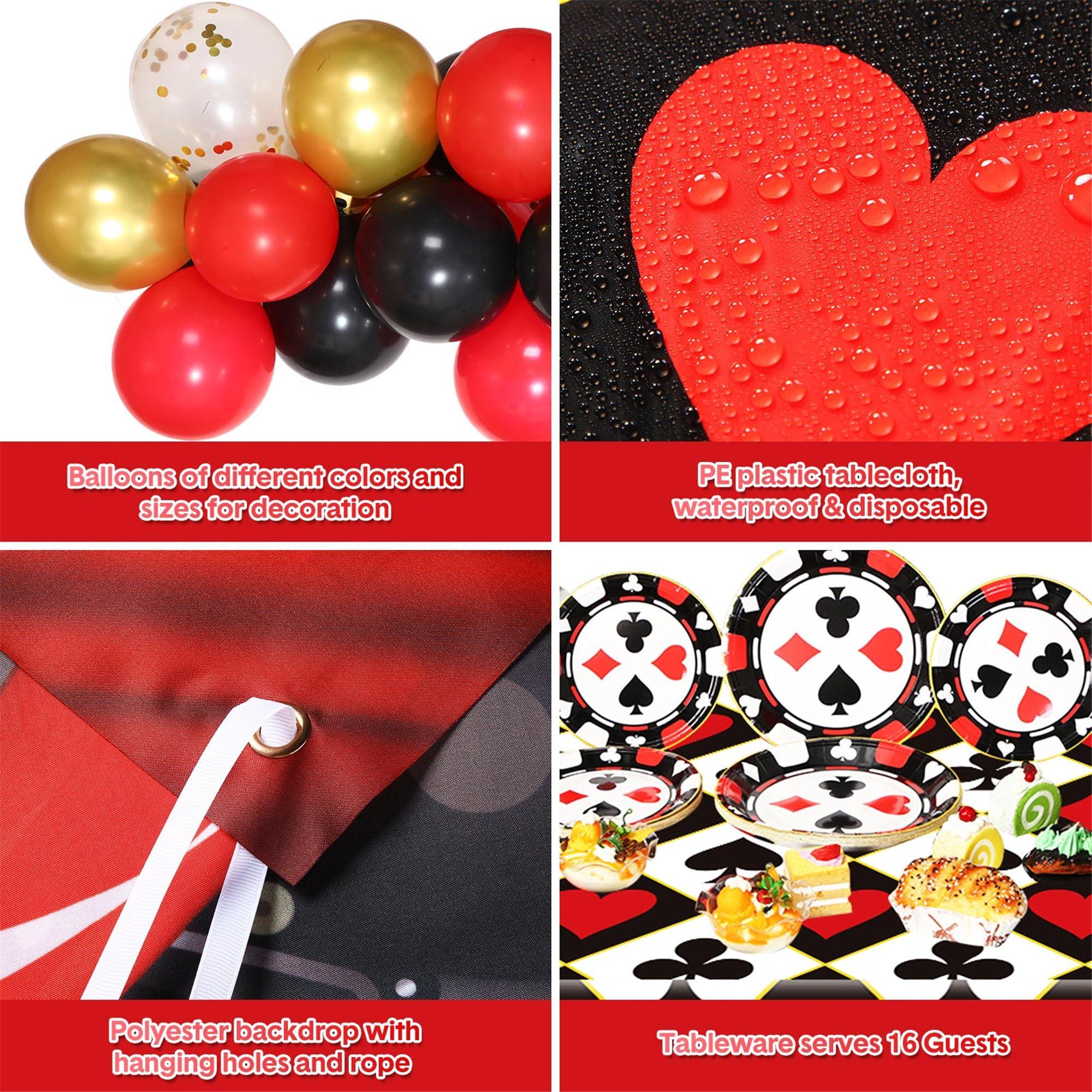 HyDren 239 Pcs Casino Theme Party Decoration Poker Birthday Decoration Las Vegas Party Supplies Include Casino Backdrop, Balloon Garland Kit, Tablecloth Napkin Tableware Set for Las Vegas Night Poker