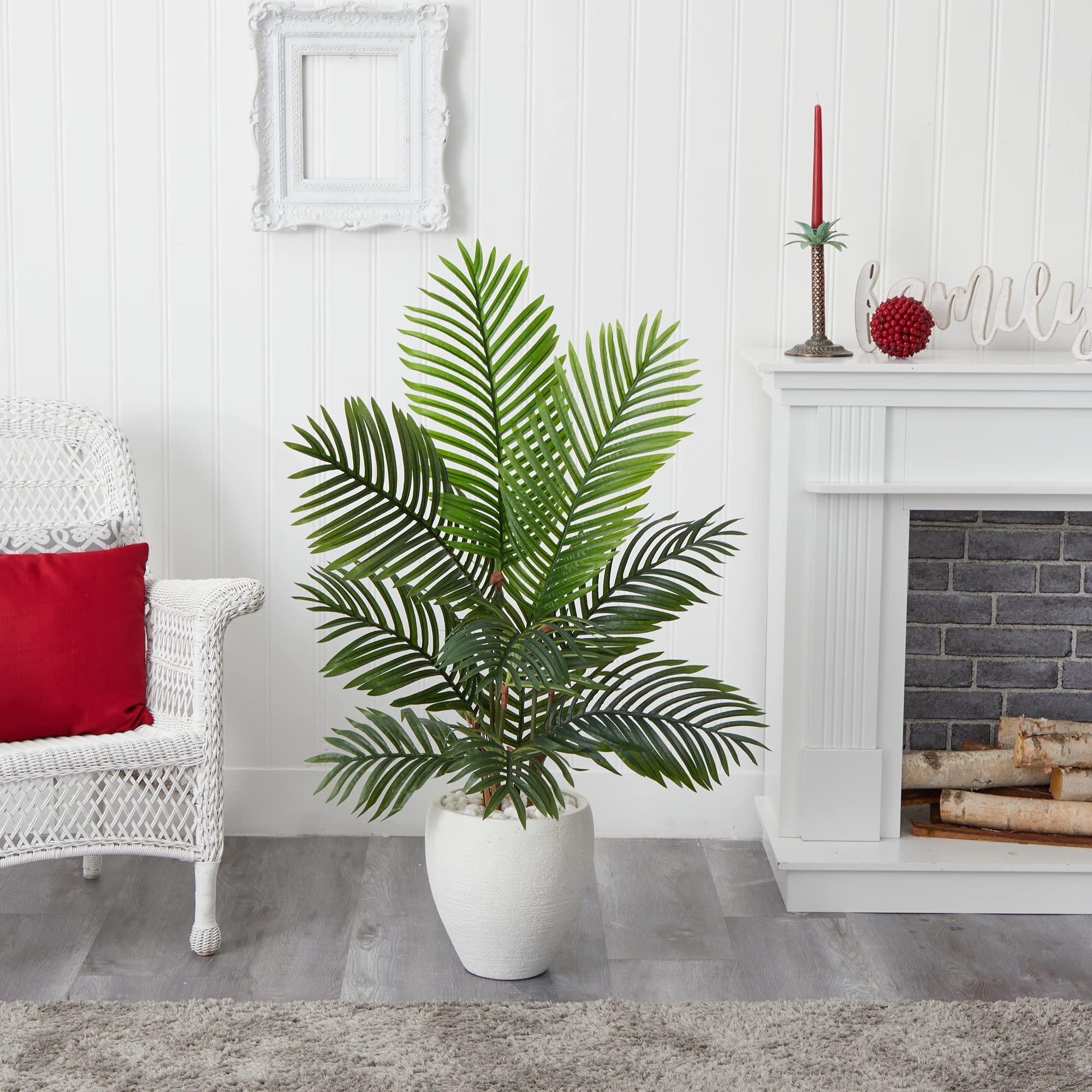 Nearly Natural Nearly Natural 4.5ft. Paradise Palm Tree in White Planter Artificial Plant, 36" D x36 W x4.5 Ft, Green