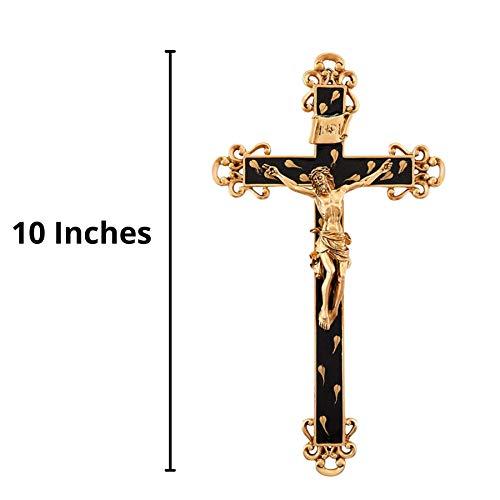 Pewter Wall Crucifix Golden Brown Epoxy Wall Cross Crucifix with Gold Toned Floral Details, Religious Home Decor, 10 Inch
