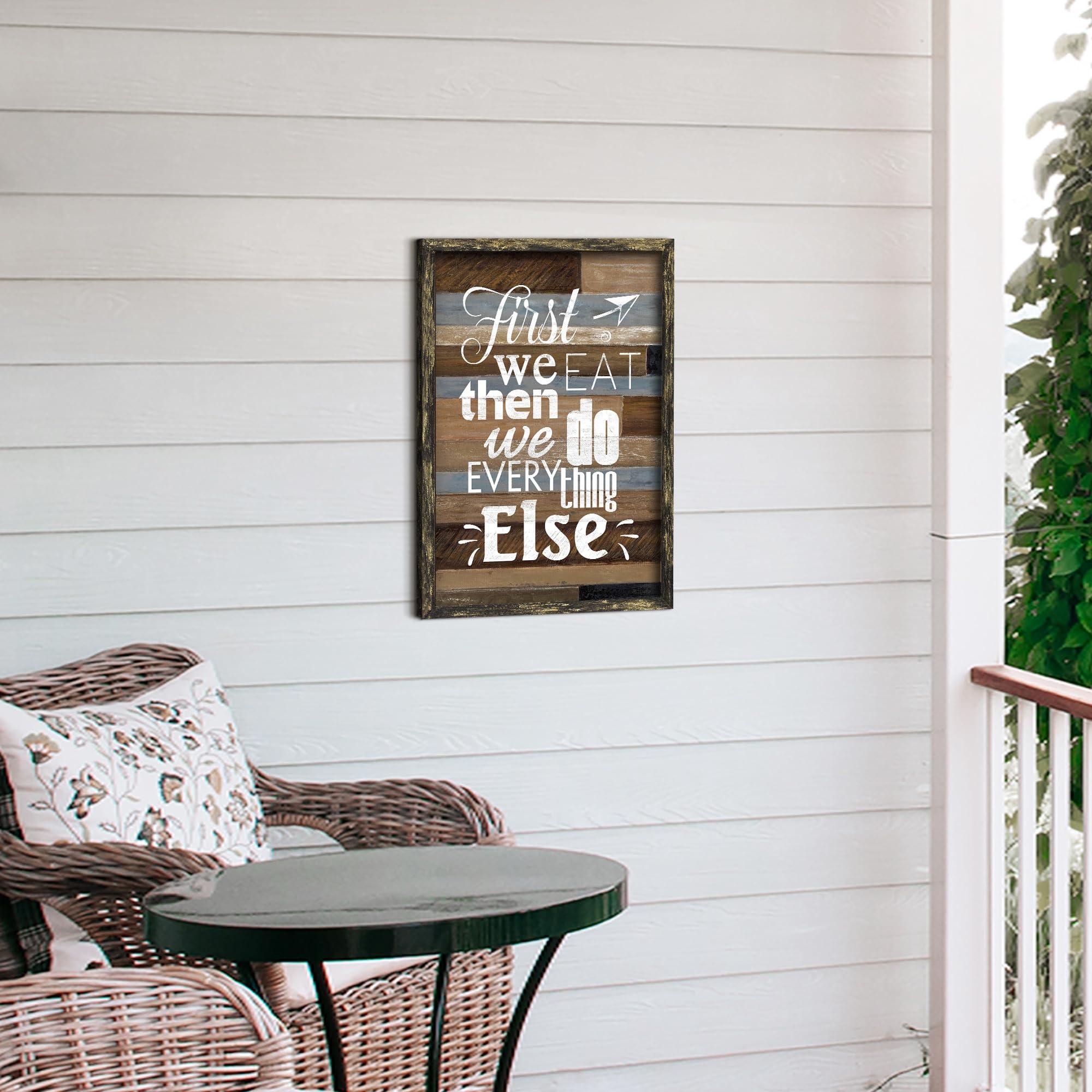 Color Play Inspirational Kitchen Framed Wall Art: Rustic Bless Quotes Wooden Painting Picture First We Eat Then We Do Every Thing Else Print Farmhouse Saying Word Artwork Decor for Kitchen Dinning Room
