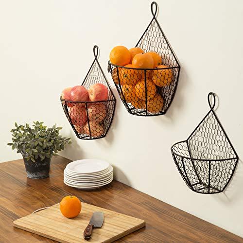 MyGift MyGift Wall Mounted Brown Metal Chicken Wire Hanging Fruit Basket, Country Farmhouse Kitchen Vegetables and Produce Storage Bin, Set of 3