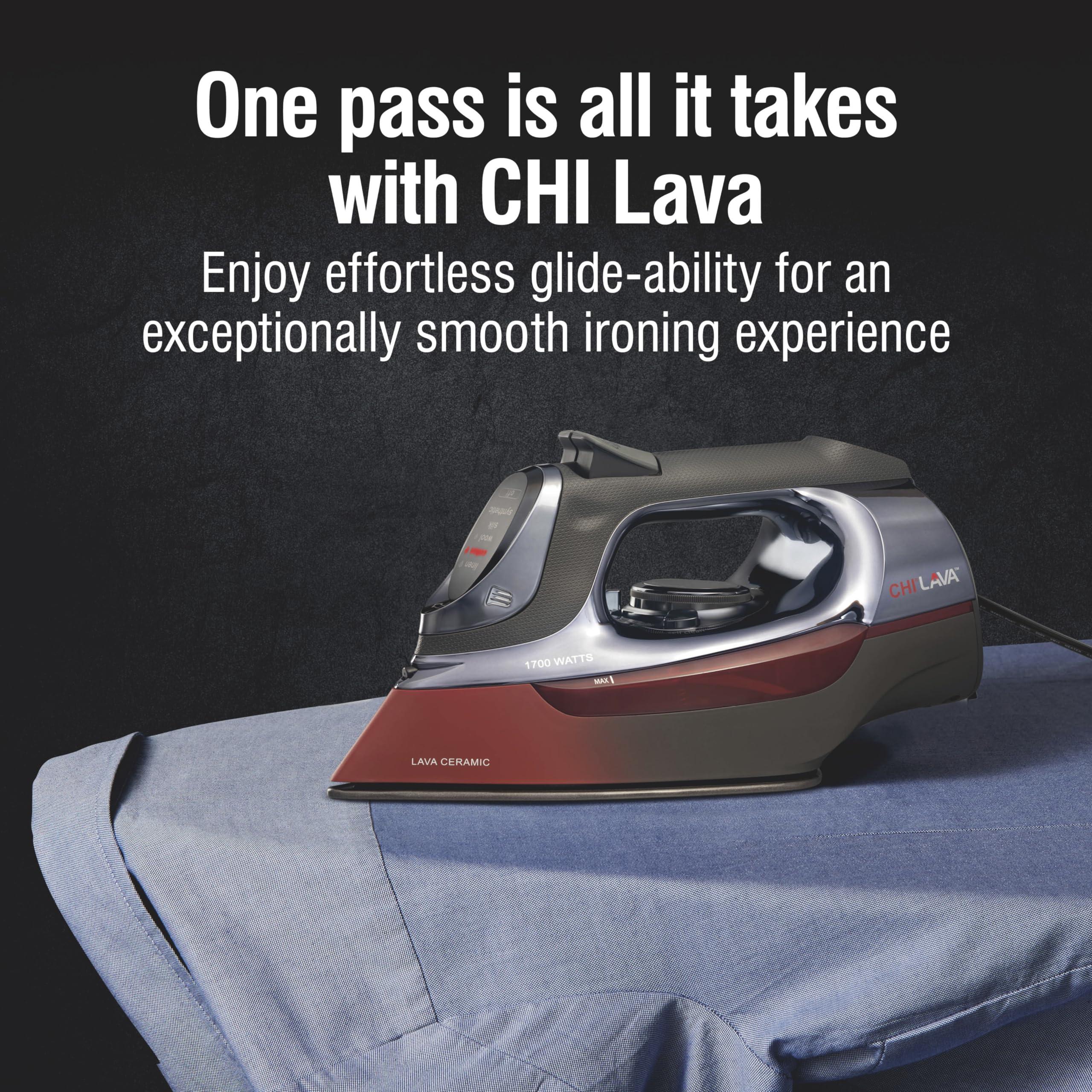 CHI CHI Steam Iron for Clothes with 8 Retractable Cord, 1700 Watts, 3-Way Auto Shutoff, 400+ Holes, Professional Grade, Temperature Control Dial, Lava Infused Ceramic Soleplate, Black (13113)