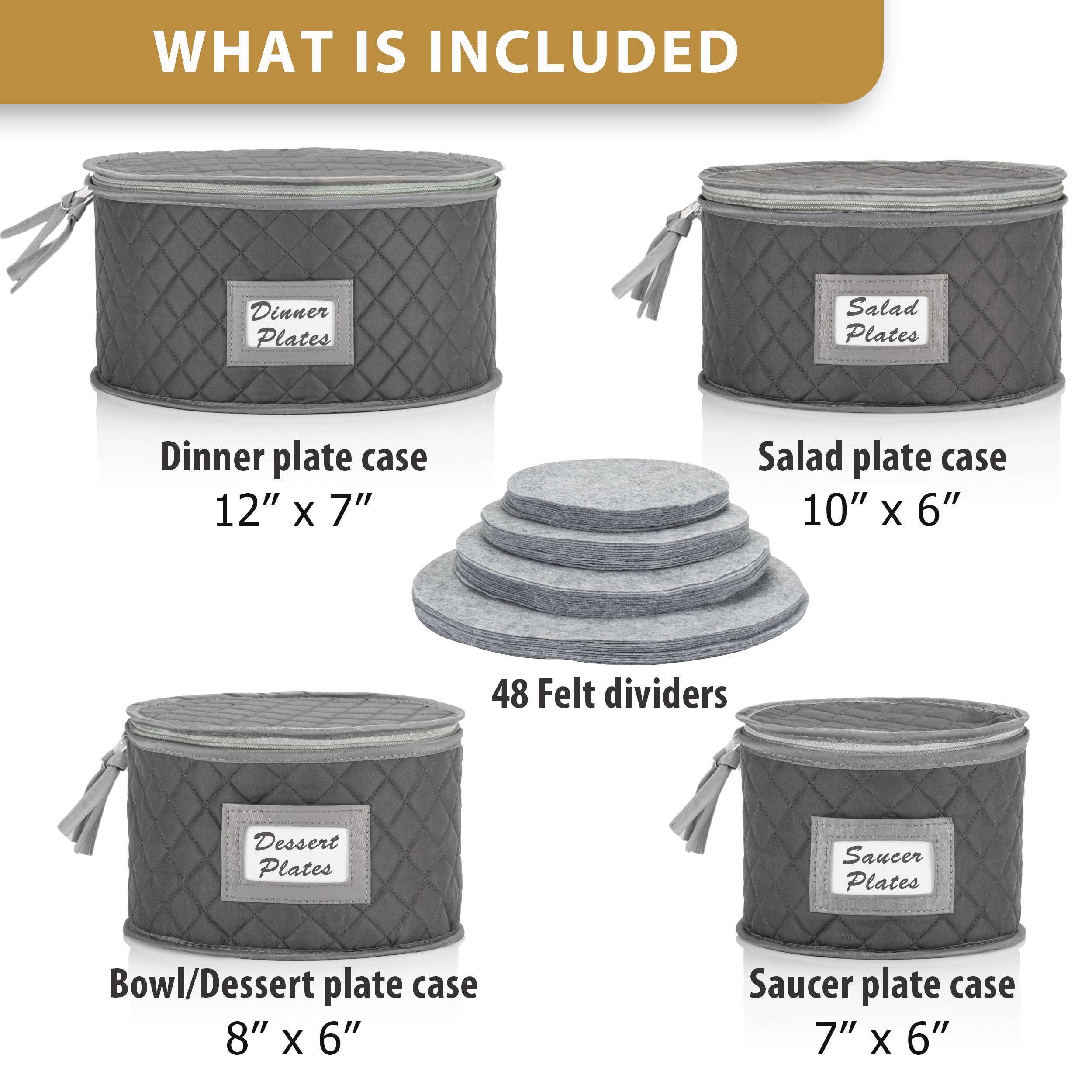 Stack Store Plus More Fine China Storage - Set of 4 Quilted Cases for Dinnerware Storage. Sizes: 12" - 10" - 8" and 7" Wide - Gray - 48 Felt Plate Separators Included