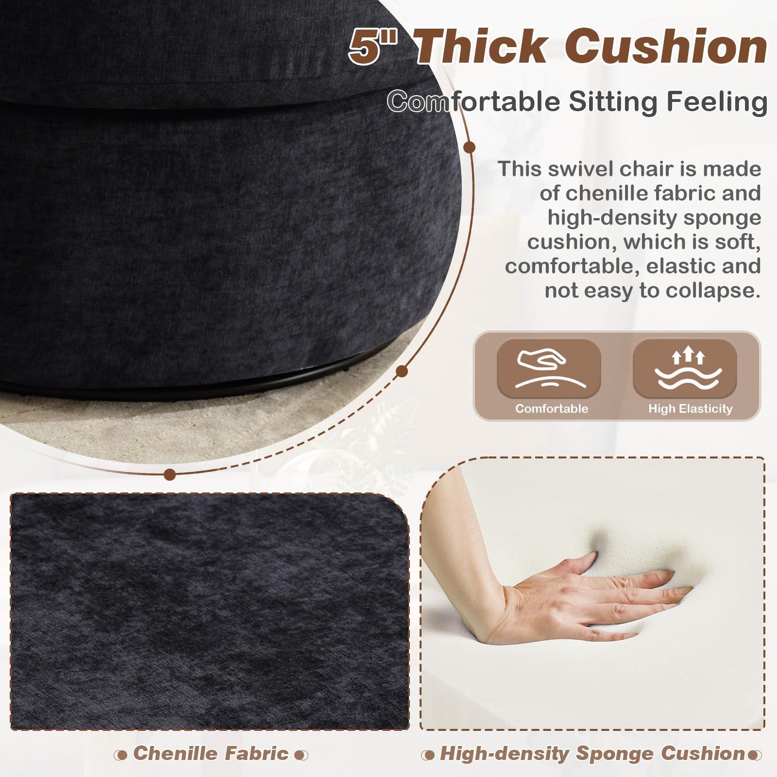 GEEVIVO 42\"W Oversized Swivel Accent Chair with Half Moon Storage Ottoman,360 Degree Chenille Swivel Barrel Chair,Comfy Upholstered Round Swivel Chair,Modern Reading Sofa Arm Chair for Living Room,Club(Black)