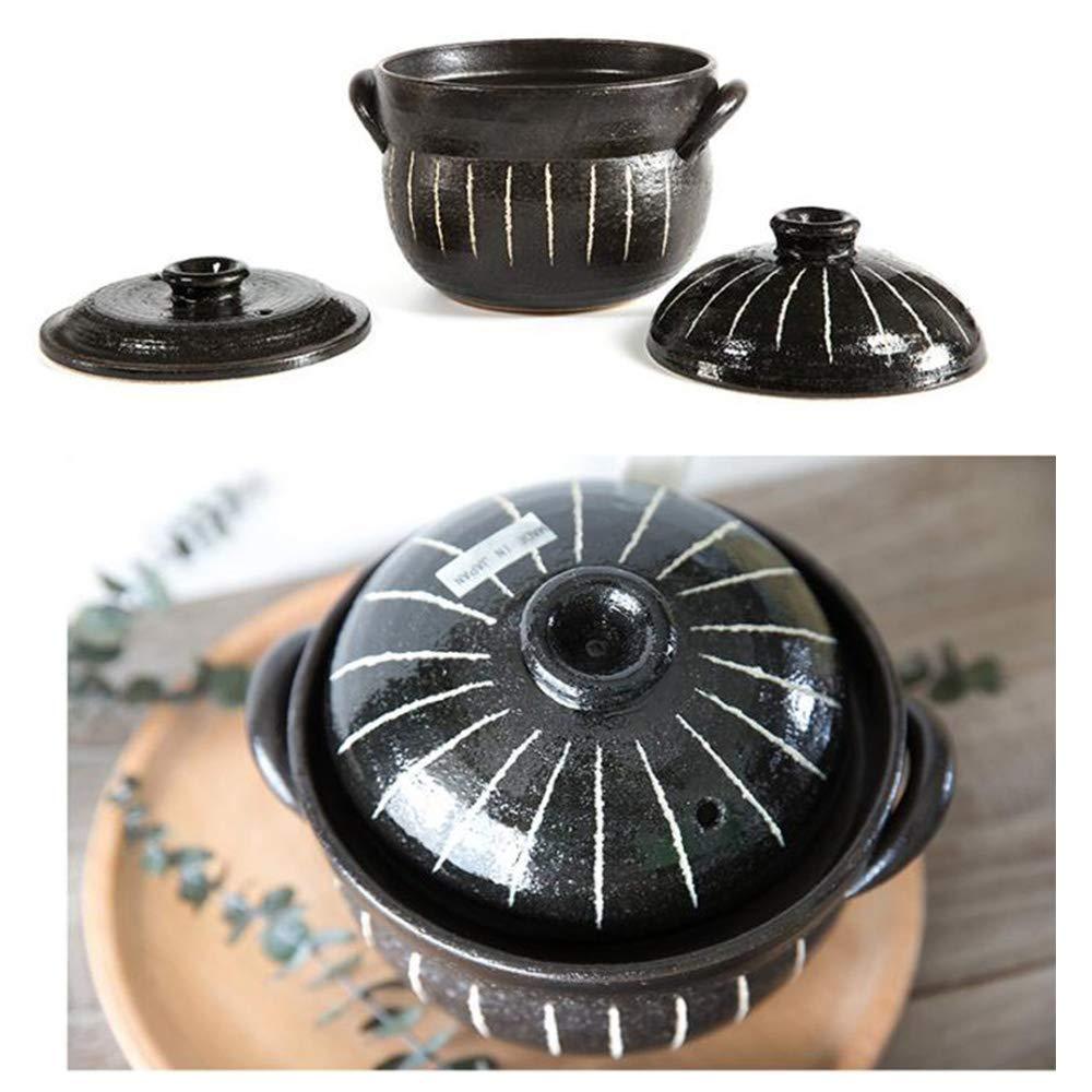 ZJXDPBF Round Stove Stew Japanese Donabe Stone Rice Pot with Double Lid Clay Rice Cooker Soup Pot Stoneware Heat Resistant Ceramic Casserole Black 17 x 15.5 cm (7 x 6 inches)