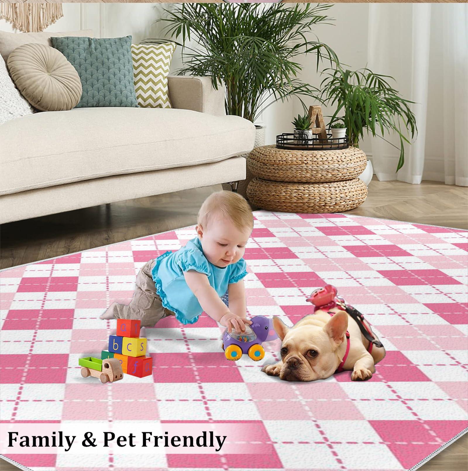 SRAELO Pink White Checkered Rug 2x6ft Geometric Diamond Texture Rugs for Living Room, Machine Washable Low-Pile Abstract Checkered Pattern Floor Carpet for Kids Boys Girls Playing Room Dorm