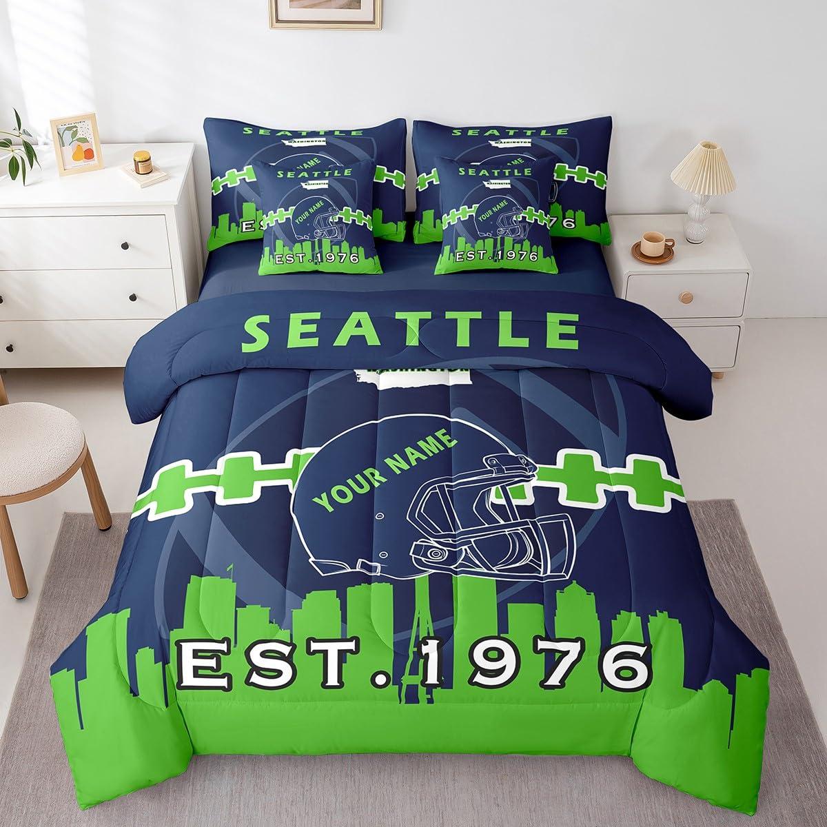 Erosebridal Erosebridal 7 Pcs Comforter Set King Size,Personalized Kids Football Bed in a Bag with Flat Sheet and Fitted Sheet for Kids and Adults,Sports Bedding Set with Pillowcase and Sham(Seattle)