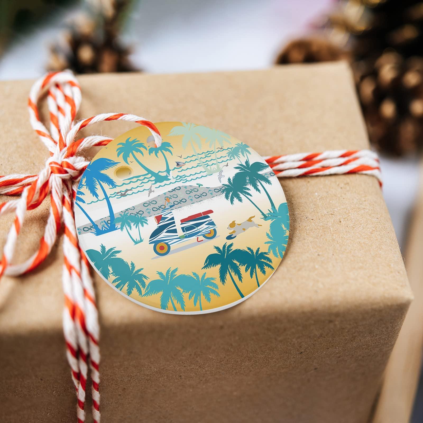 LEOSUCRE 2022 Christmas Ornaments Xmas Tree Hanging Ornaments, Beach Scenery Ornaments Gift for Friend Family Holiday Palm Tree Motorcycles Sunset Hanging Christmas Tree Ornaments Decor Round 3\"