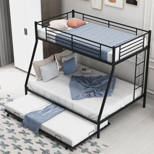 TOPAMZER Twin Over Full Bunk Bed with Trundle, Metal Bed Frame with 2 Ladders No Box Spring Needed, for Adult Boys Girls (Black)