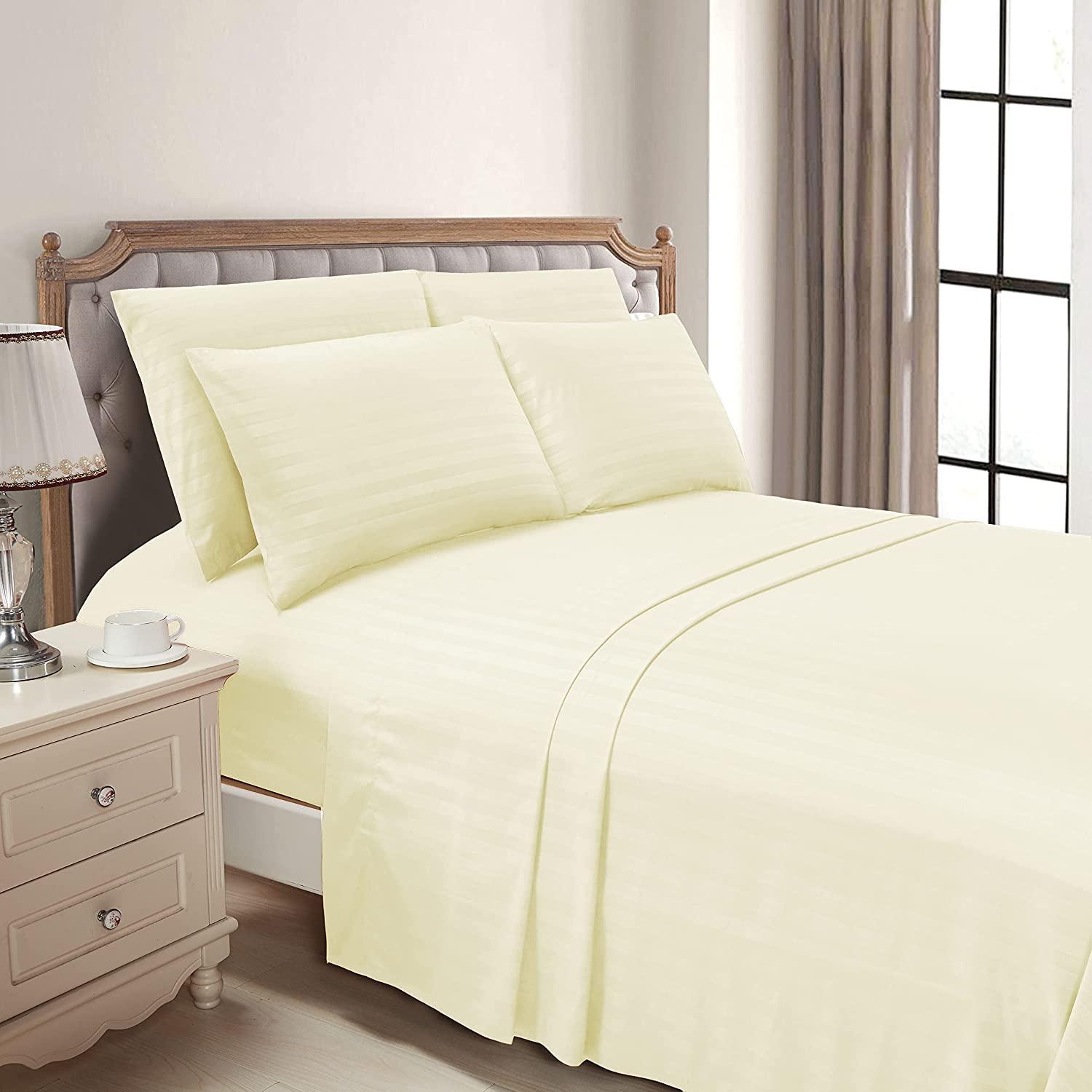 British-Linen British-Linen Sheets and Pillowcases 100% Organic Cotton, Bed Sheets 6 Piece Set, Luxury and Buttery Soft 30" Deep Pocket Fitted Sheet, Best Comfort Sheets - Ivory Stripe, Queen Size