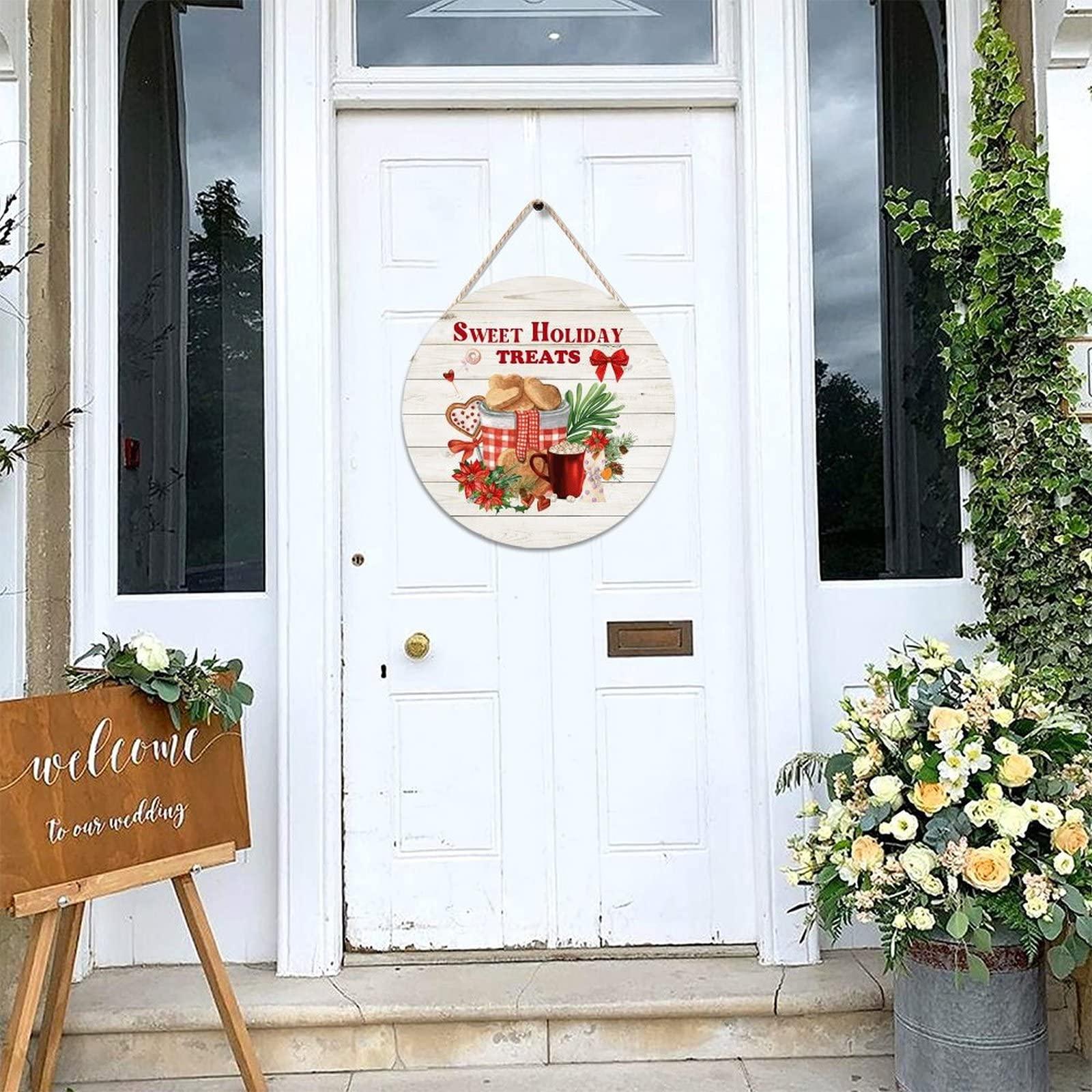 Cheyan 16x16 Inch Hot Cocoa Bar Door Sign for Front Door Farmhouse Decor Round Wooden Sign Rustic Door Hanger Home Decoration