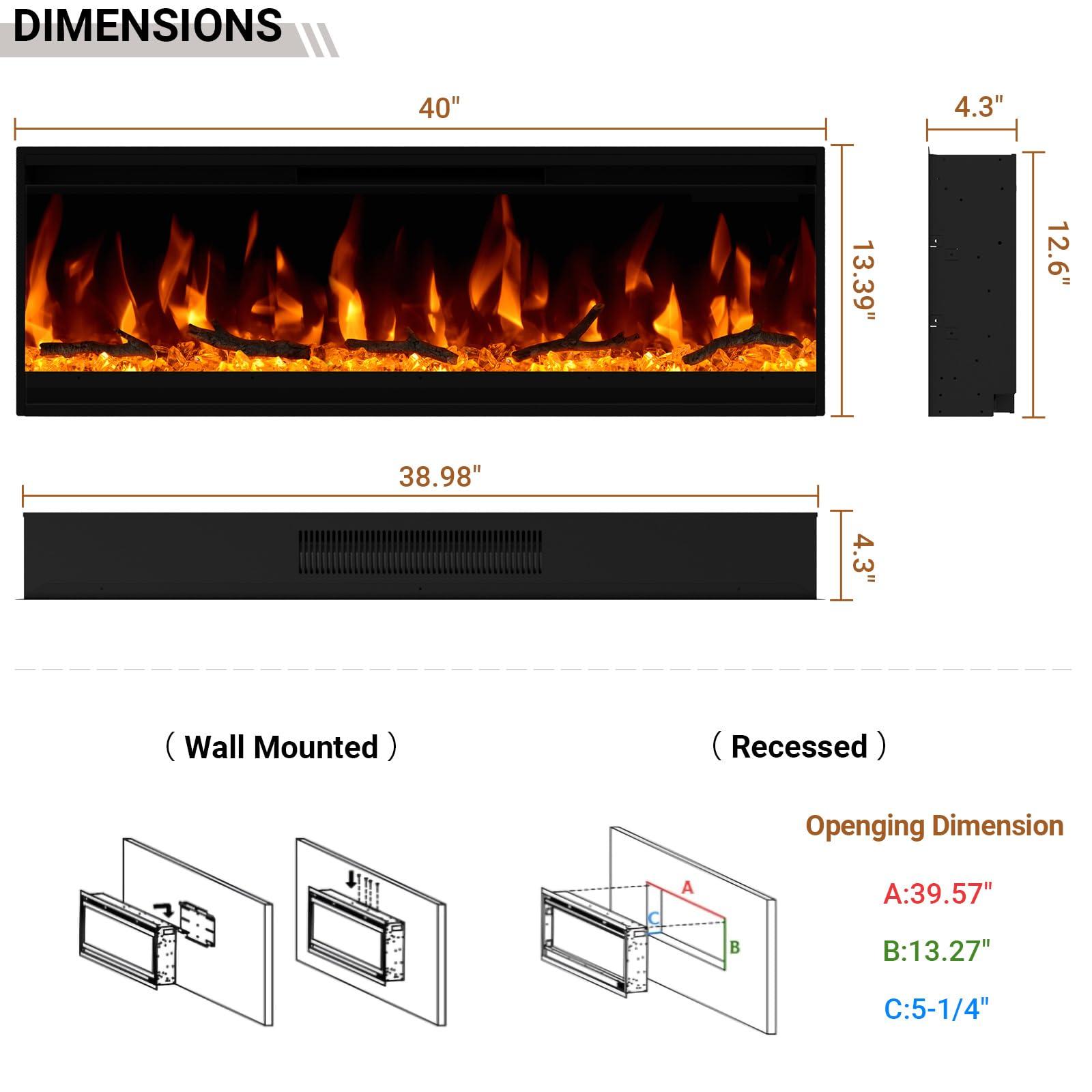 cooboom 40 inch Electric Fireplace, 4.3\" Ultra-Thin Electric Fireplace Inserts, Ultra-Narrow Frame, Wall Mounted and Recessed Fireplace, Log & Crystal, Touch Screen & Remote Control, 1500W