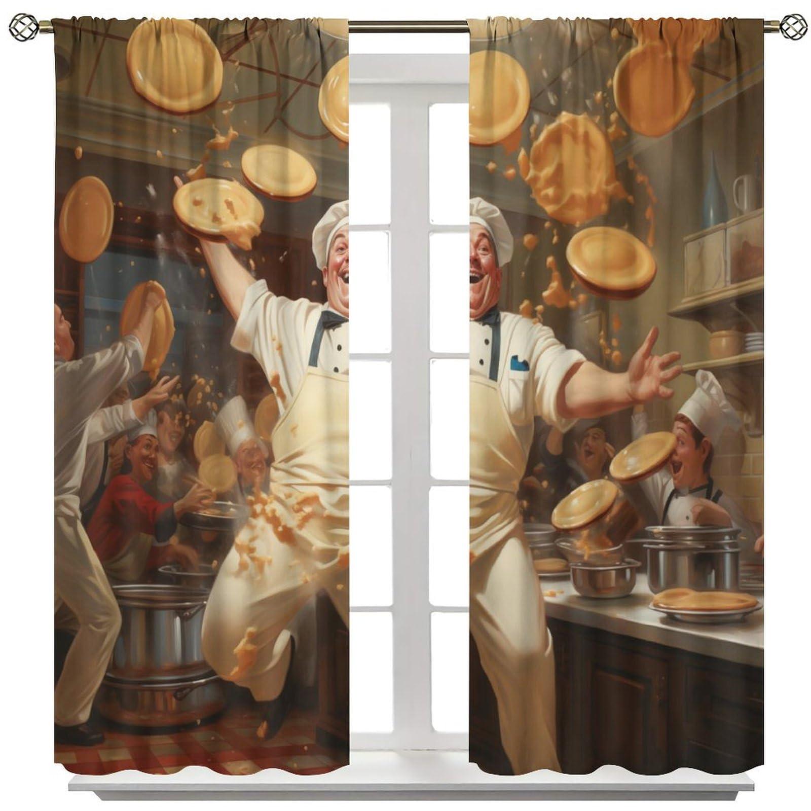YungHo YungHo Chef Curtains, Fat Chef Door Busy Scene in The Kitchen Patterned Blackout Window Treatment, Beautiful Room Dcor & Easy Set Up 21" W x 45" L x2Decor