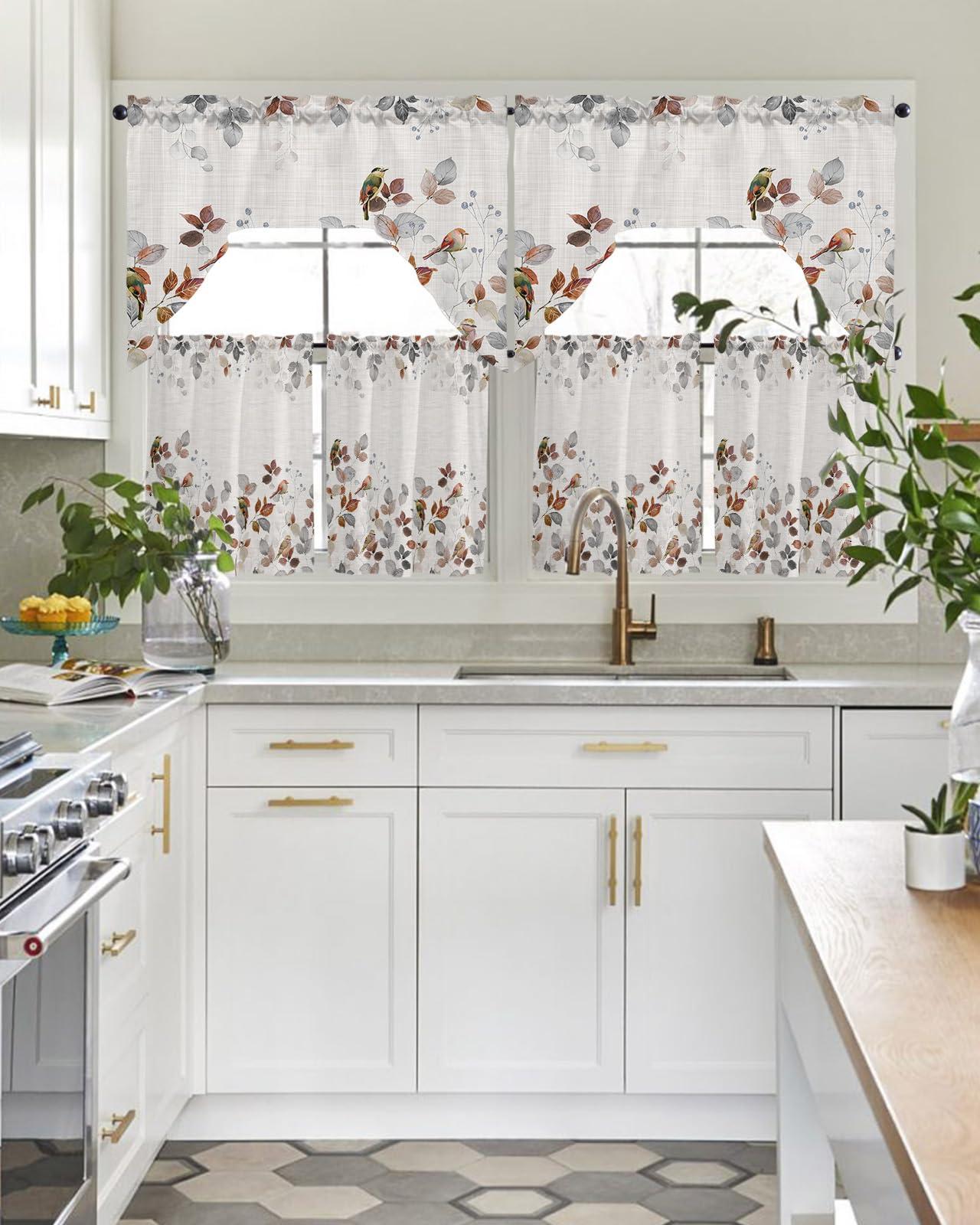 Onekaccu Country Bird Leaf Swag Curtains Valance Tier Set, Rod Pocket Curtain Drapes for Bedroom Bathroom Over Sink Kitchen Curtains 3 Piece Set Fall Botanical Rustic Orange Grey Swag Valances 24 inches Tiers