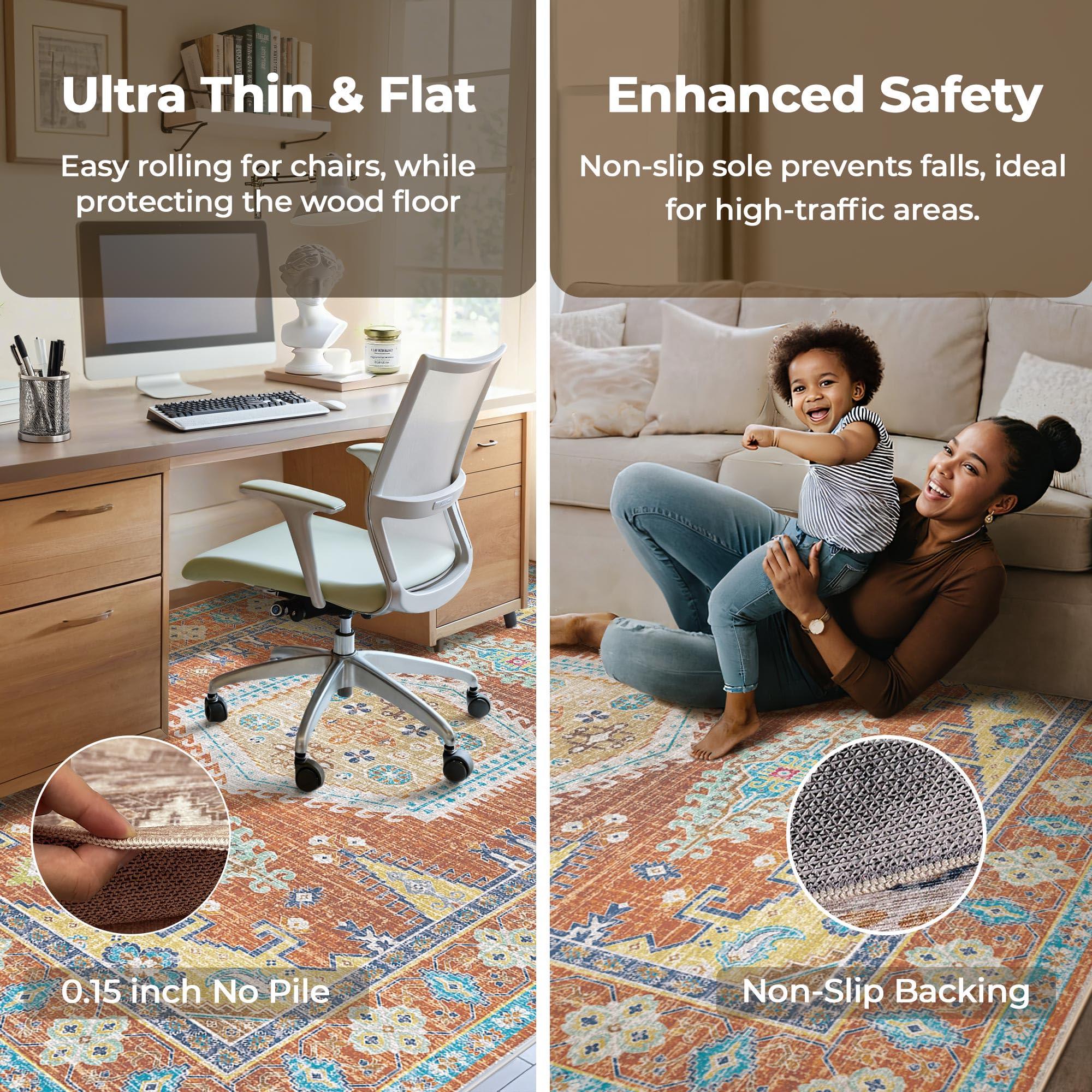 Kokia Kokia Area Rugs Living Room 9x12 Ultra-Thin No Pile Washable Maple Red Large Area Rug Bedroom Geometric Tribal Distressed Lightweight Carpet for Dining Room Home Office