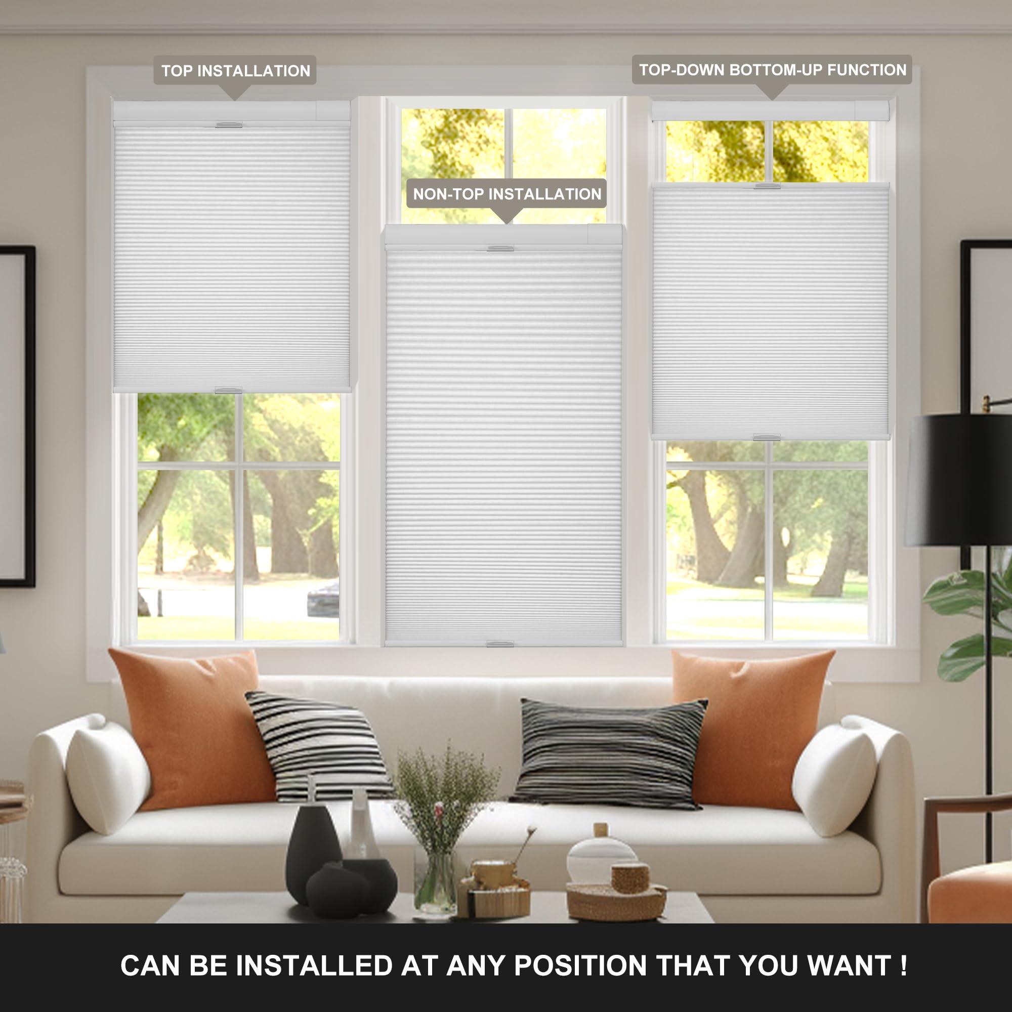 Boolegon Boolegon No Drill No Tools Cellular Shades Top Down Bottom Up Honeycomb Blinds Blackout Cordless Window Blinds Easy to Install Cellular Shade for Windows,Blackout-White,39.5" W x 48" H