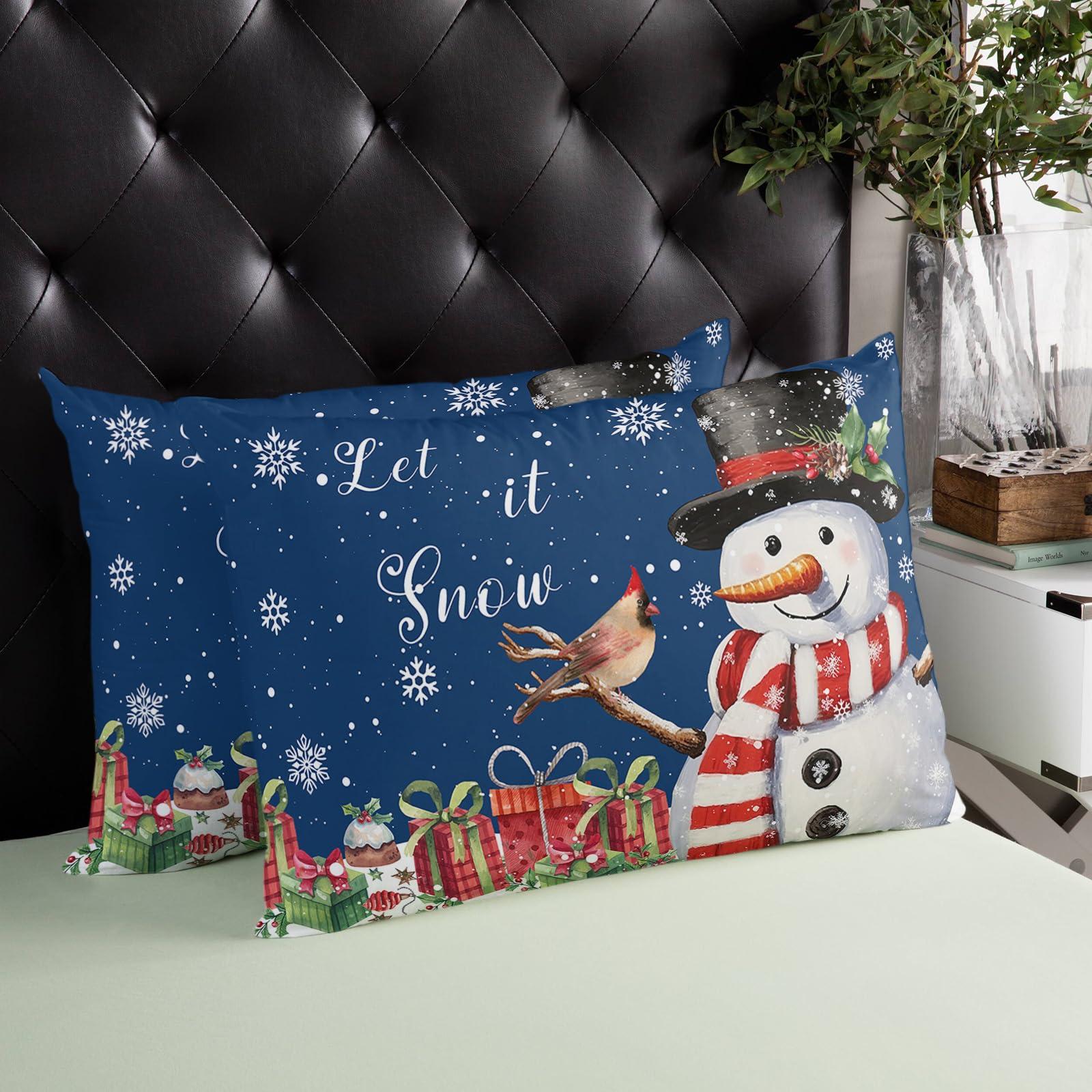 SEVENBABU Christmas Throw Pillow Cover 12x20 Inch Farmhouse Decorative Pillow Covers for Bed Winter Throw Pillowcase Cushion Case for Couch Living Room Christmas Winter Snowman Dark Blue Pillow Covers
