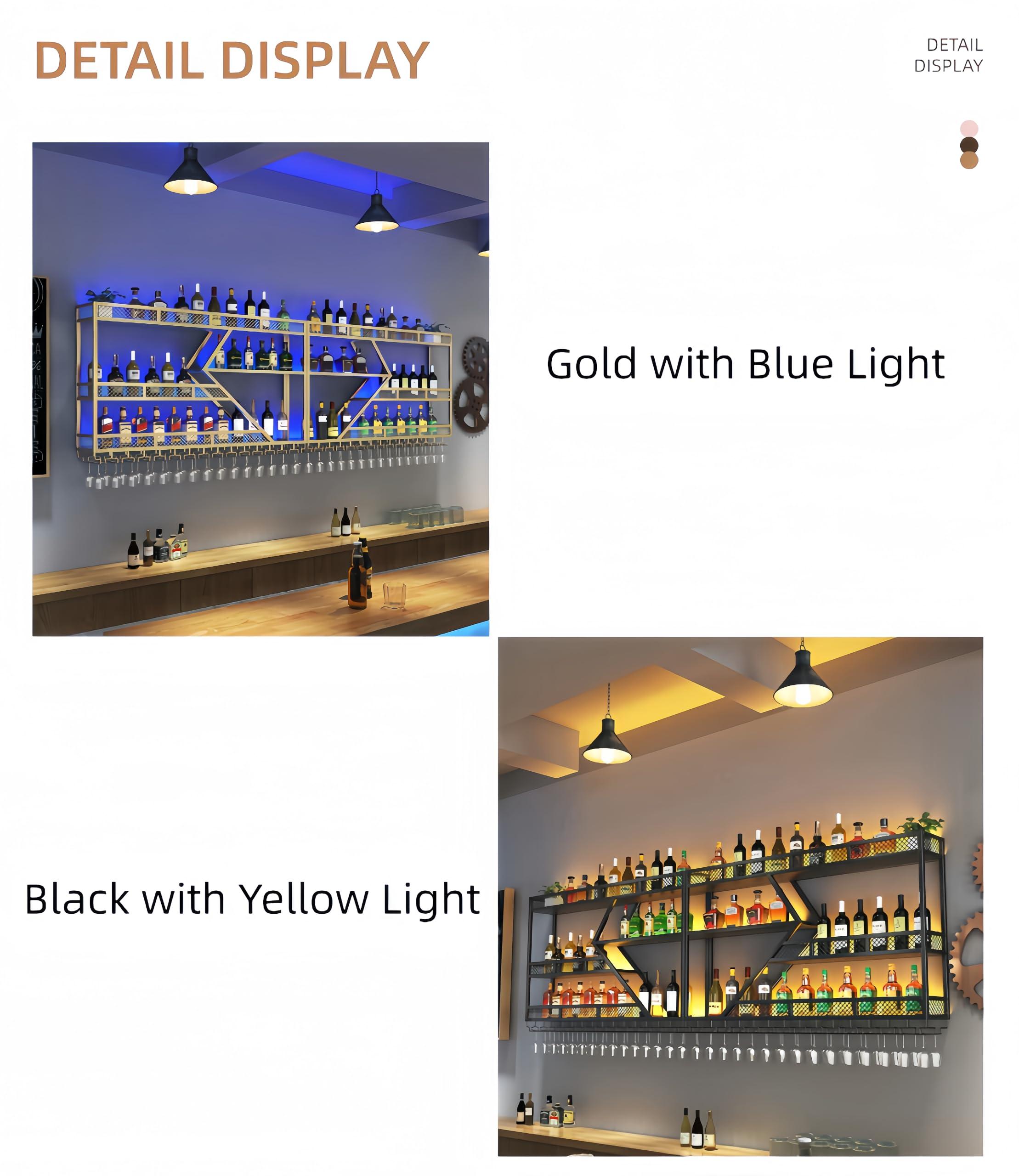 HFTUW HFTUW Modern Wall Mounted Wine Rack w/LED Light, Metal Wall Bar Shelves Wall Mounted w/Glass Holder, Large Liquor Shelf for Liquor Bottles for Home Bar & Dining Room(Gold-Yellow Led, 79in/200cm)
