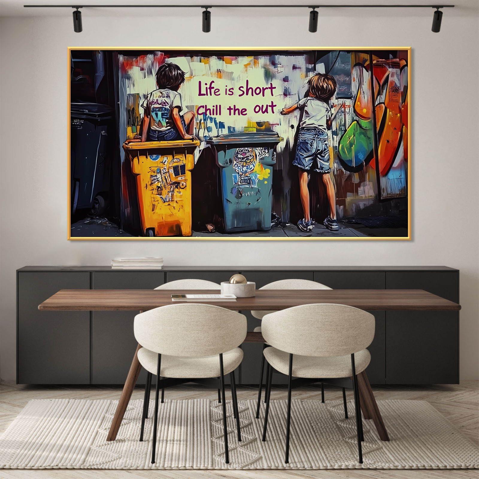 HOLECIC Banksy Canvas Wall Art, Banksy Art Wall Decor, Graffiti Canvas Wall Art, Banksy Two Boys, Life Is Short, Chill The Out, Street Art Wall Decor, Graffiti Painting, Urban Art, Home Decor (Gold Frame, 23\"x13\"|60x35cm)