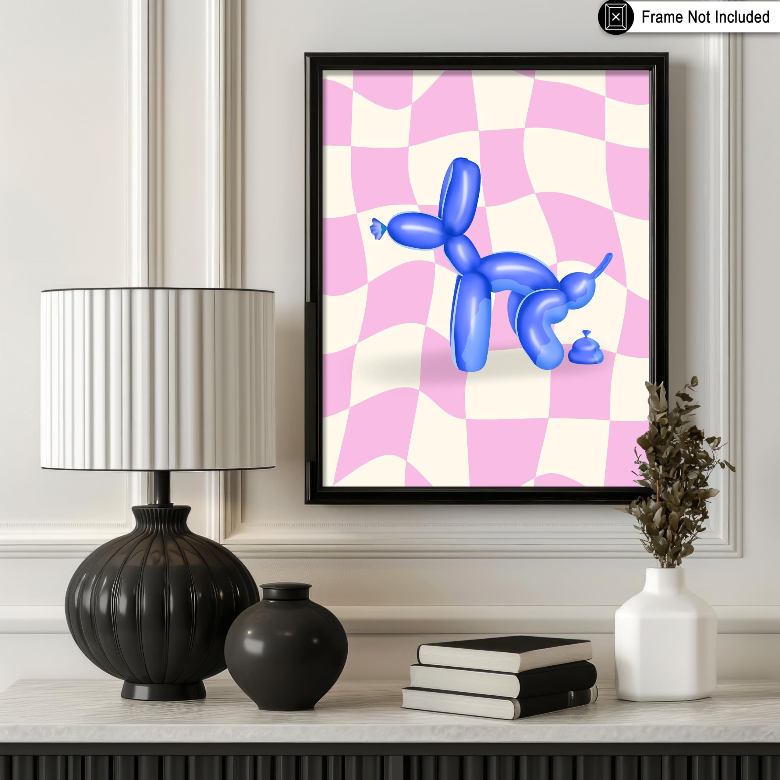 Poster Master Poster Master Balloon Dog Poster - Blue Pooping Dog Print - Balloon Art - Pink Checkered Art - Trendy Art - Funny Bathroom Decor - Guest Bath Decor - Humorous Restroom Decor - 16x20 UNFRAMEDWallArt