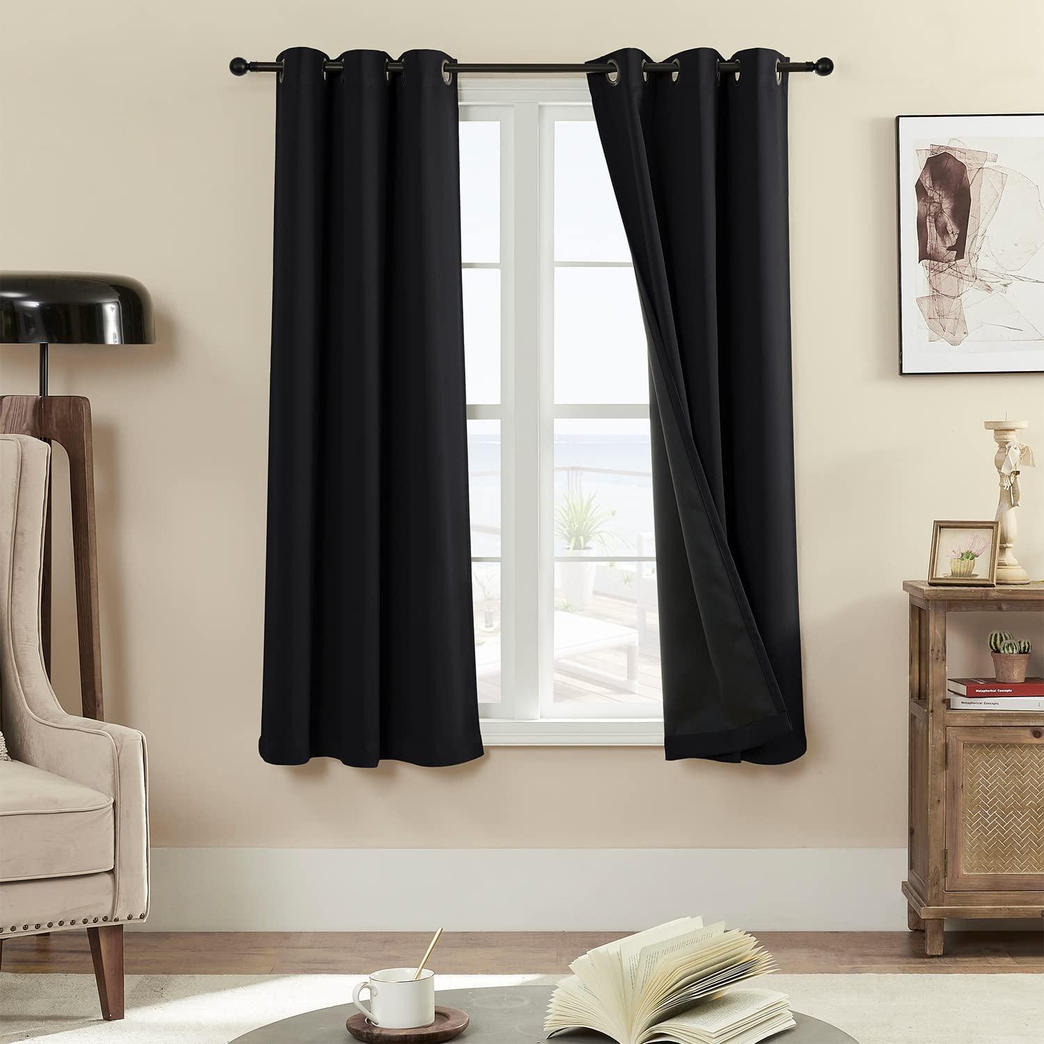 Rutterllow Rutterllow 100% Blackout Curtain Panels, Heat and Full Light Blocking Drapes with Grommets for Bedroom, Black Thermal Insulated Window Treatment Drapes for Living Room (Black, 2 Panels, 42 x 63 inch)