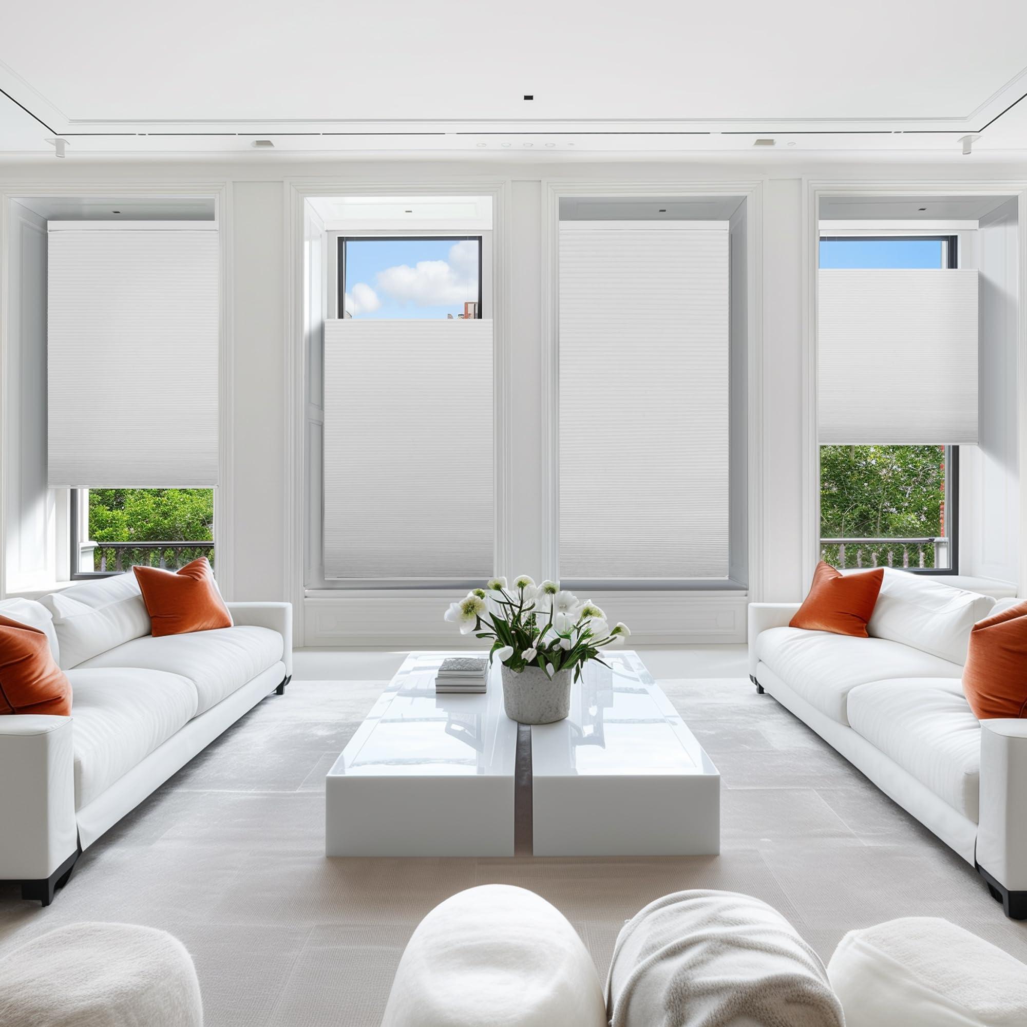 Doing-X Doing-X Color-Matched Cellular Shades Top Down Bottom Up Honeycomb Blackout Light Filtering Blinds Blackout Cordless Window Blinds Easy to Install Cellular Shade for Windows,White,24" W x 44" H